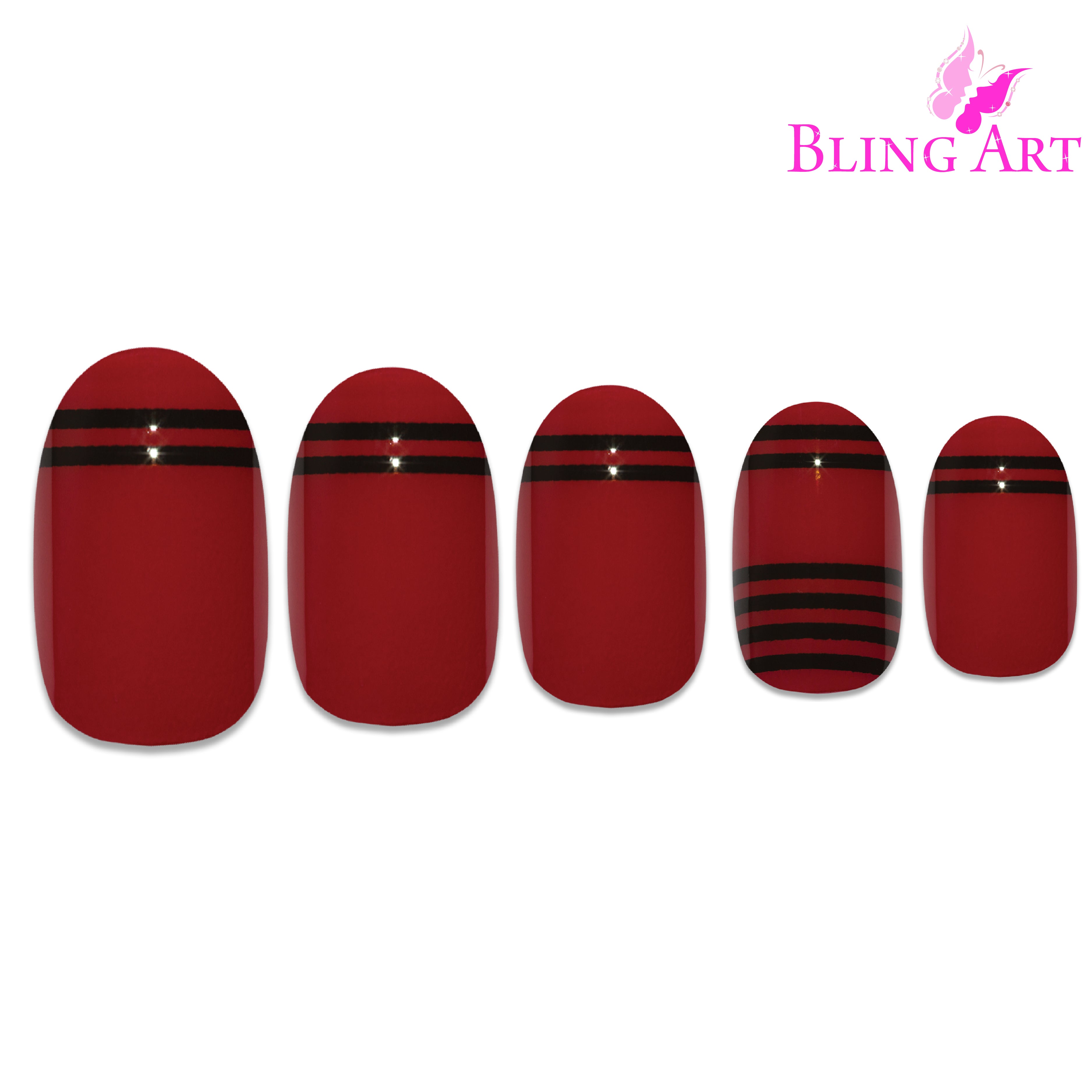 Red Black glossy oval Bling Art press-on nails — alternative angle revealing the two-tone bond line on the oval shape.