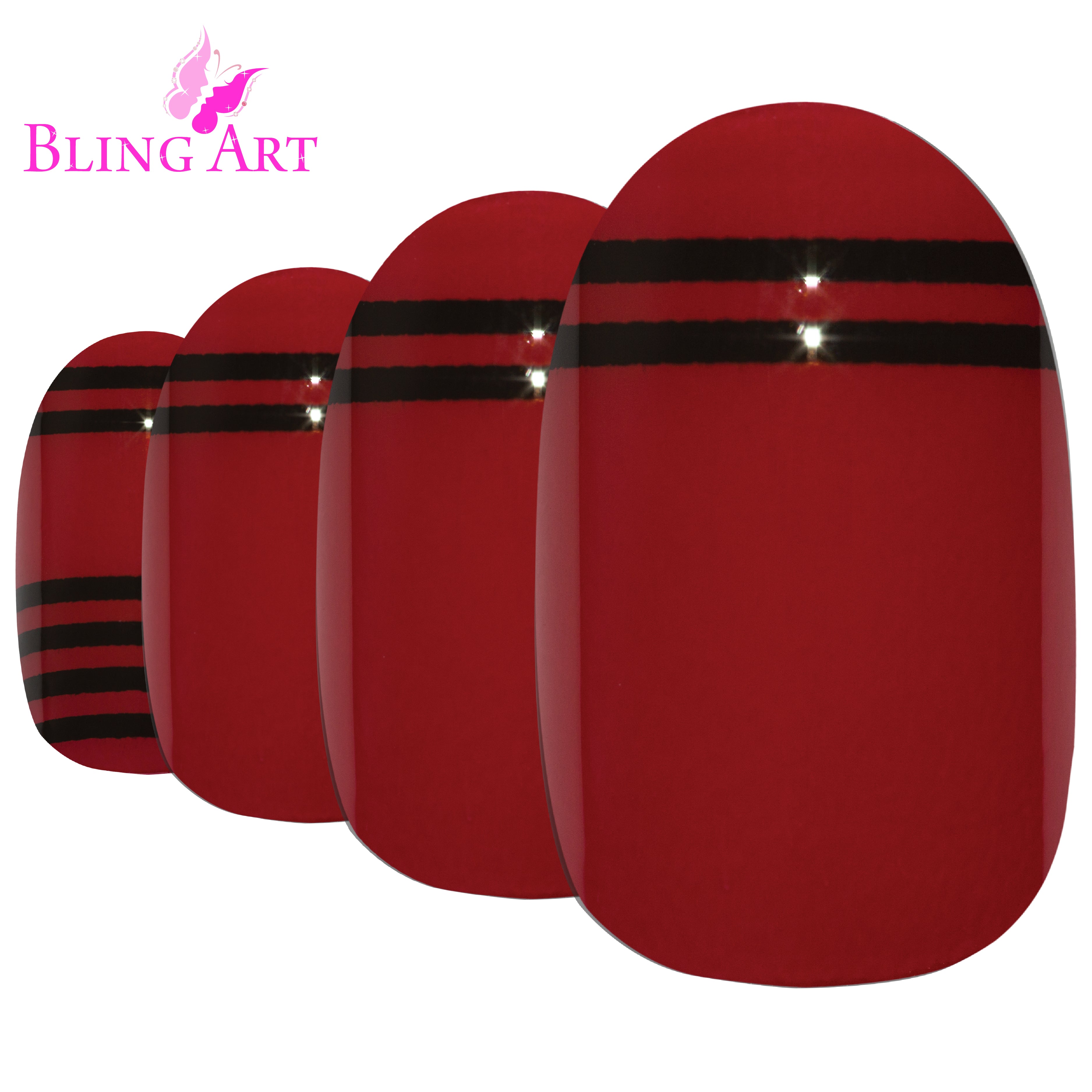 Bling Art Red Black glossy oval press-on nail set packaging — 24 nails, 12 sizes XS-XXL, file and cuticle stick included. Glue not included.