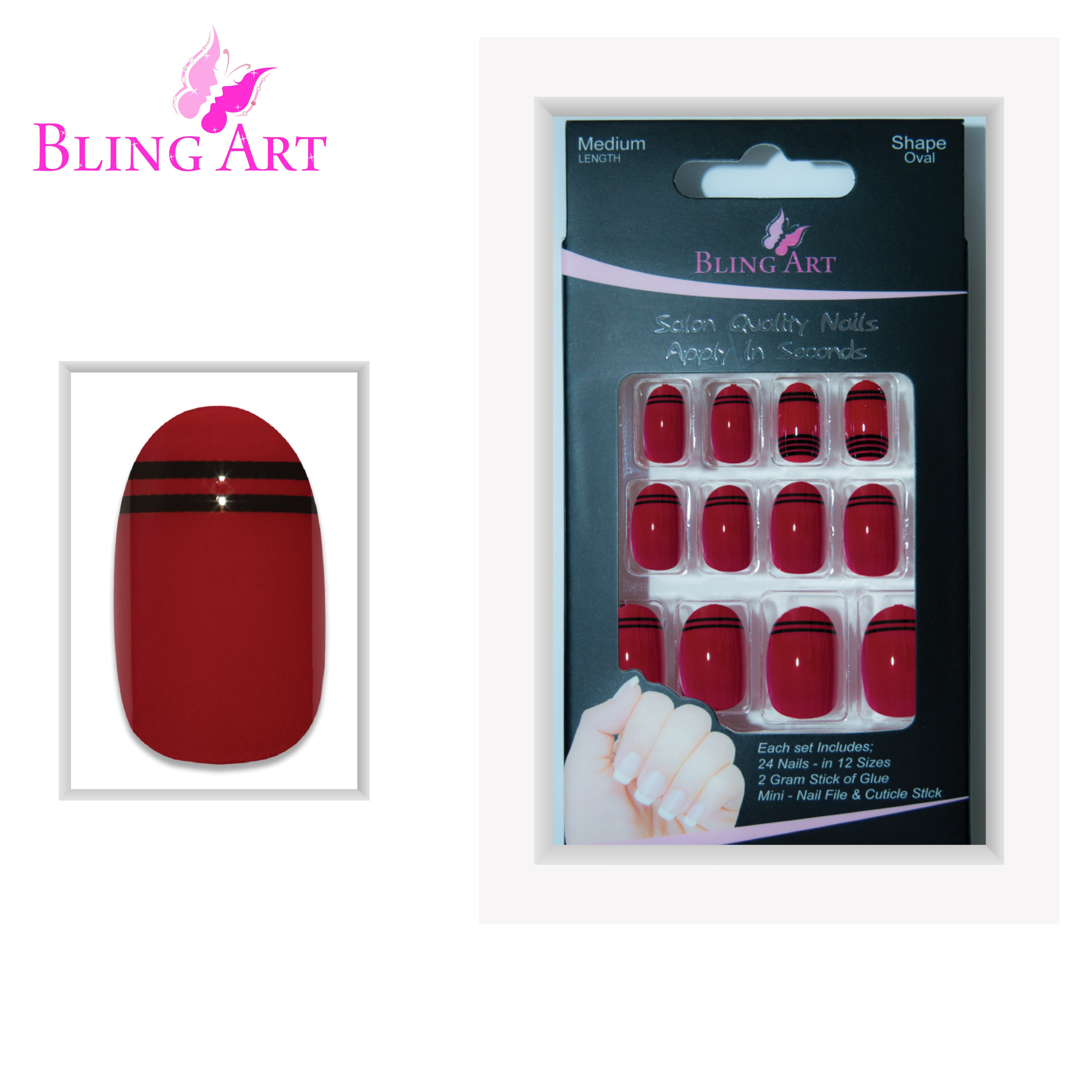 Red Black glossy oval Bling Art press-on nails — full-hand reveal showing all 24 nails for parties and date nights.