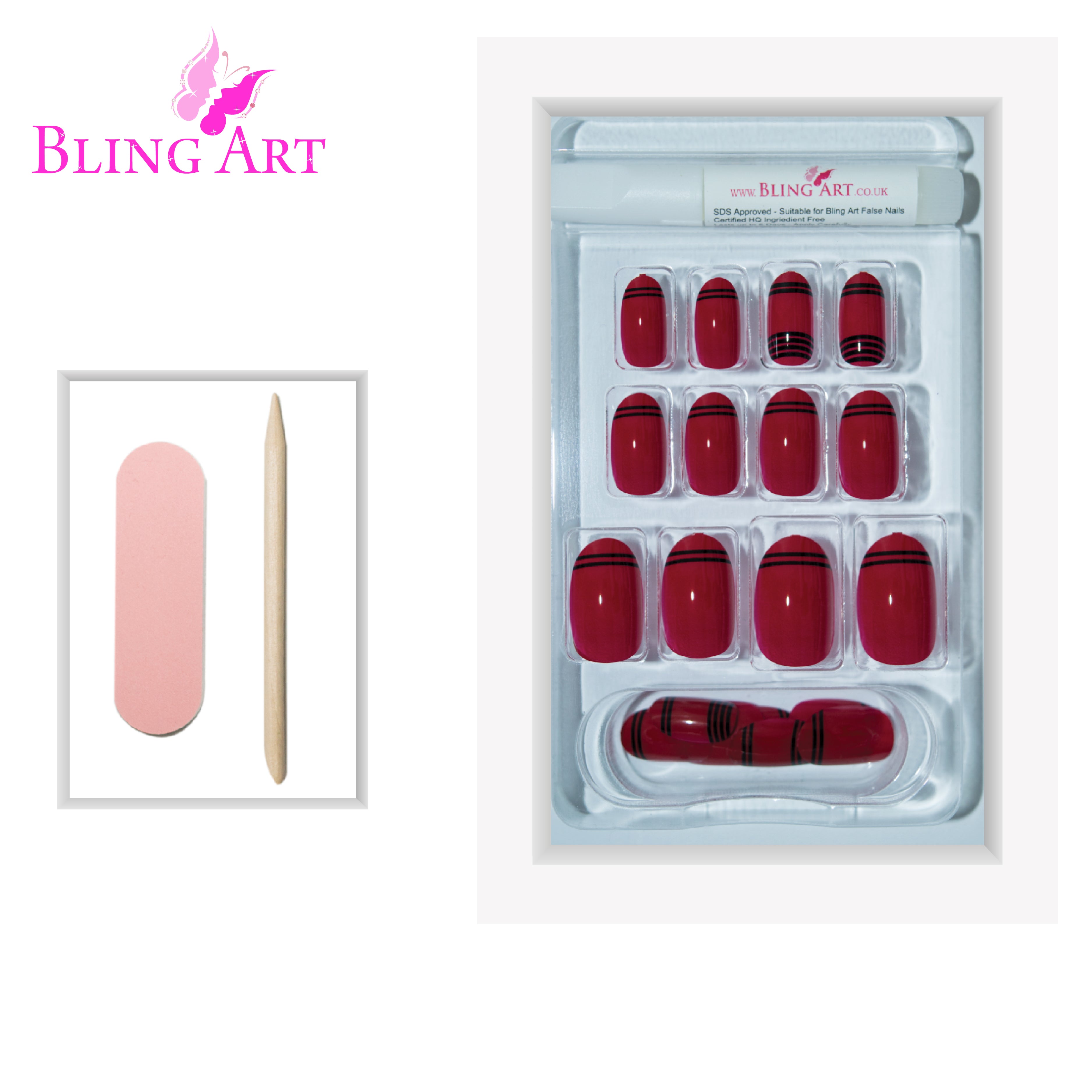 Red Black glossy oval Bling Art press-on nails — lifestyle context shot showing the rock-romantic two-tone statement.