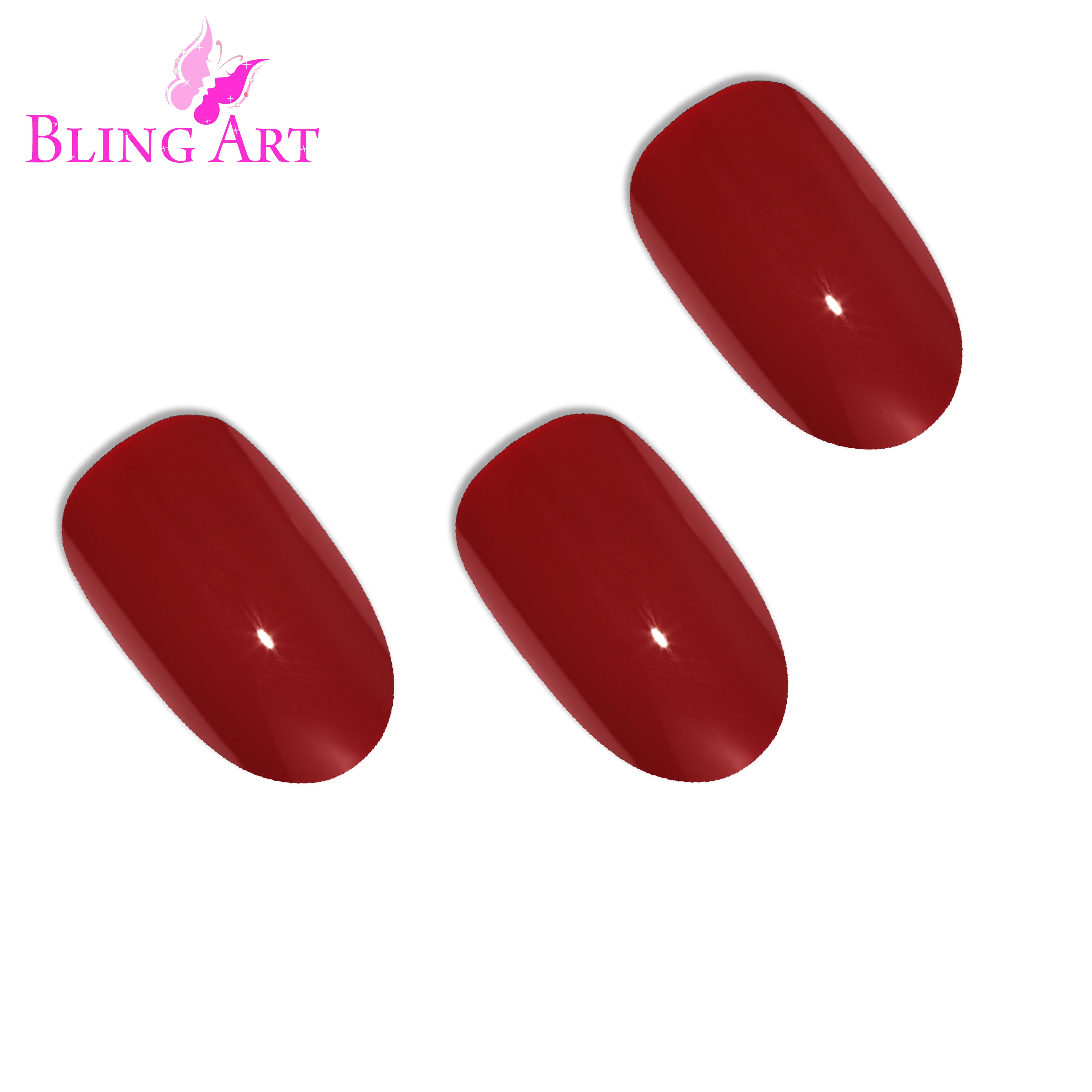 Red polished oval Bling Art press-on nails — worn-hand close-up showing the crimson high-shine on medium-length oval tips.