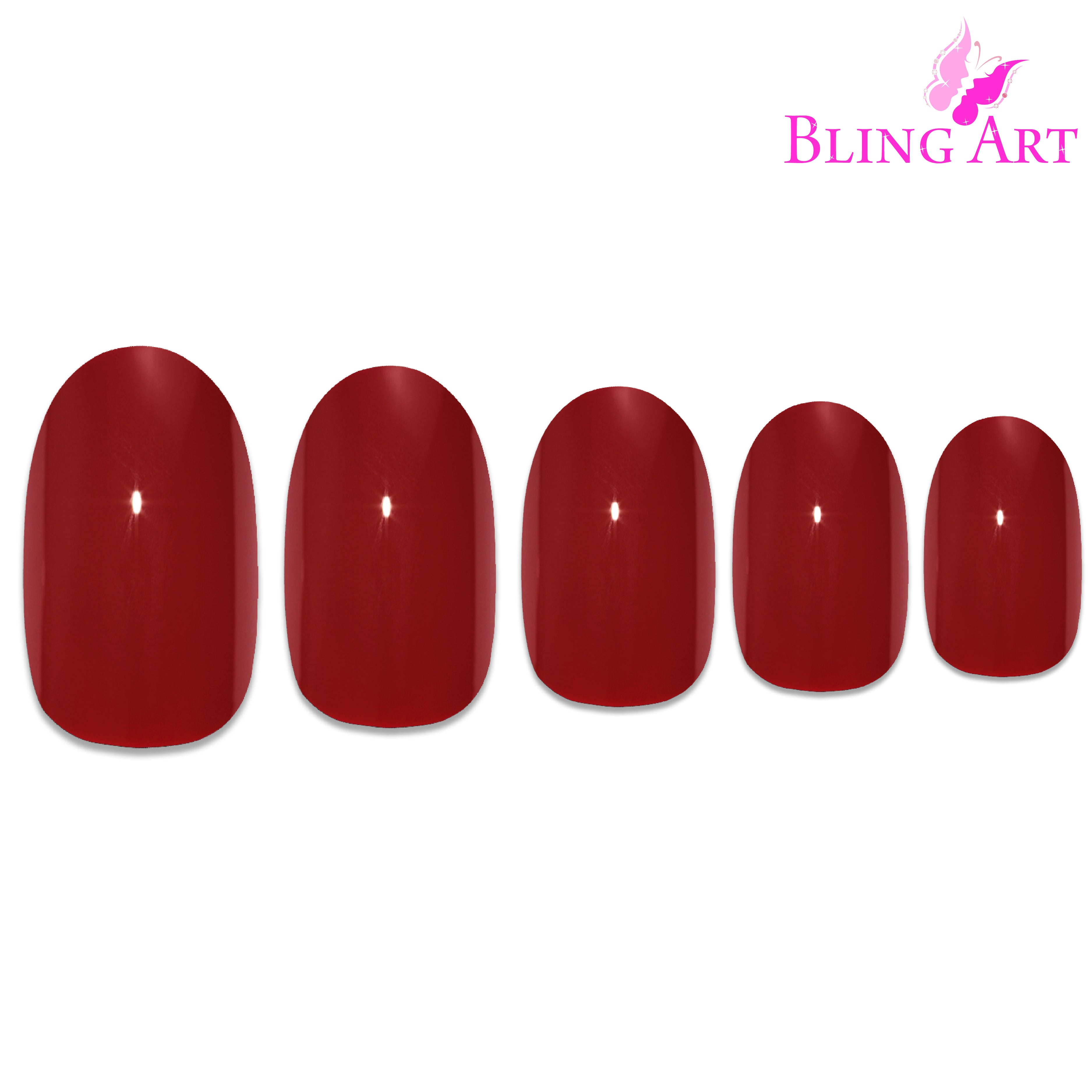 Red polished oval Bling Art press-on nails — alternative angle revealing the bond line on the oval shape.