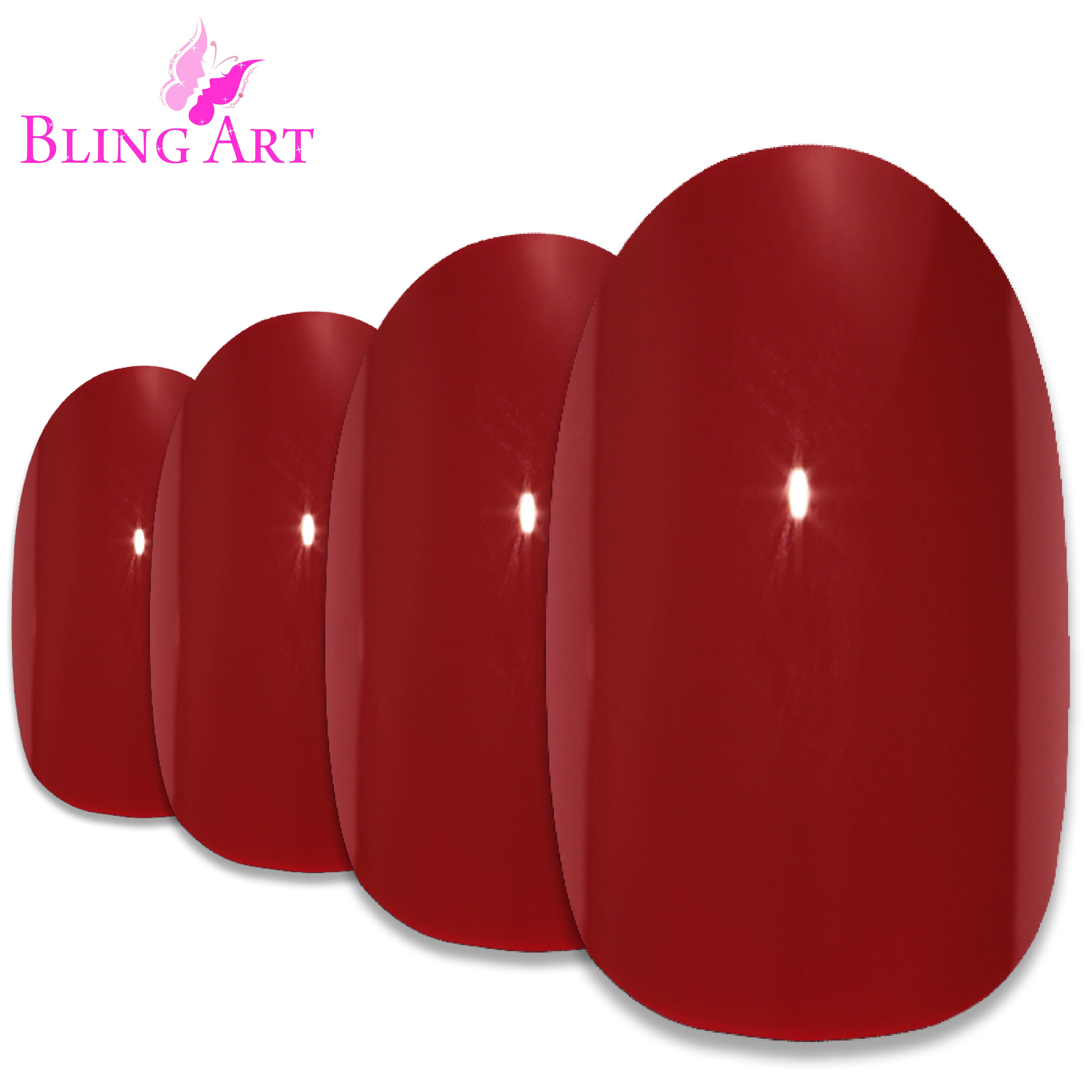 Red polished oval Bling Art press-on nails — full-hand reveal showing all 24 nails for date nights, Christmas and parties.