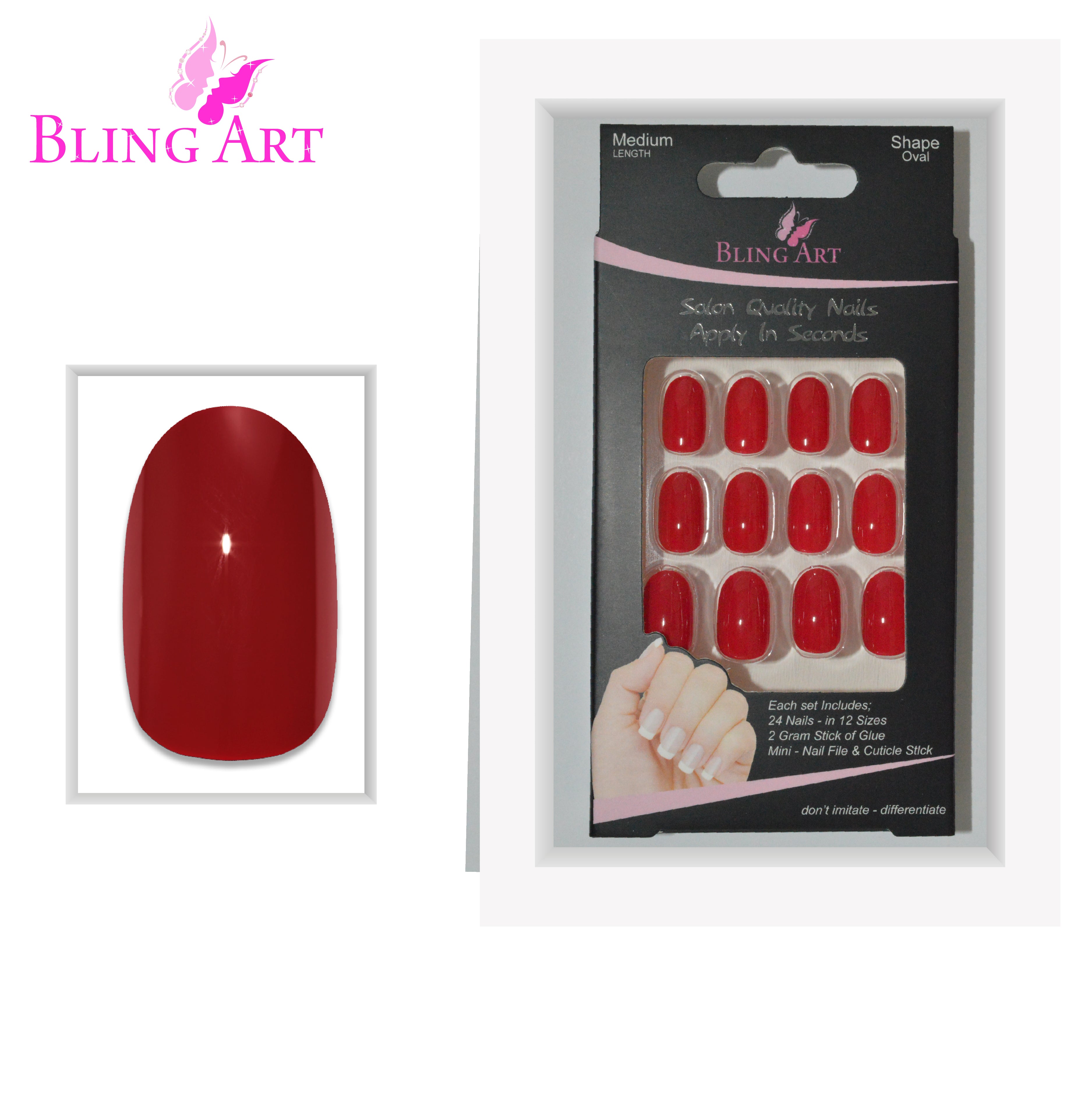 Red polished oval Bling Art press-on nails — lifestyle context shot showing the bold crimson high-shine finish.