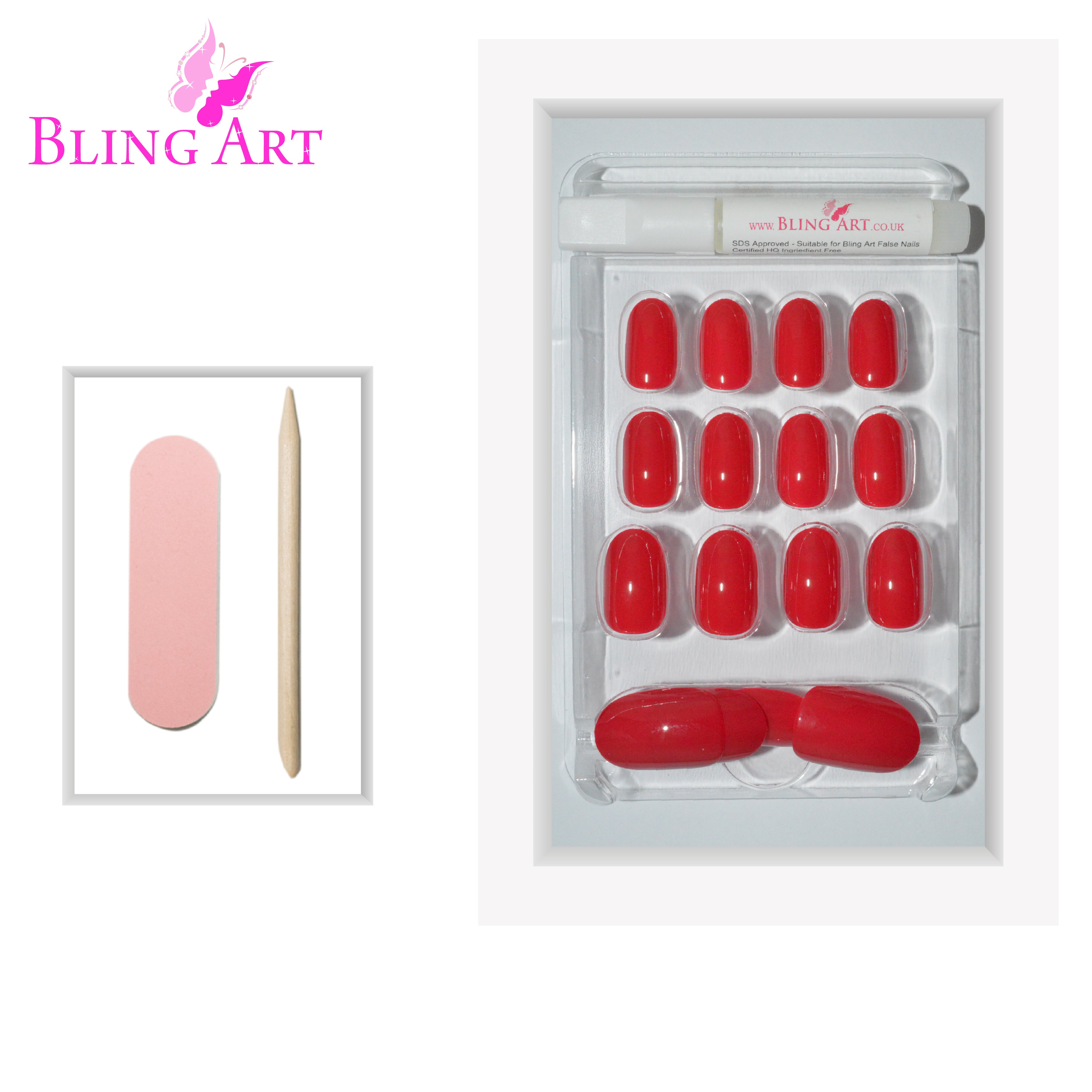 Bling Art Red polished oval press-on nail set packaging — 24 nails, 12 sizes XS-XXL, file and cuticle stick included. Glue not included.