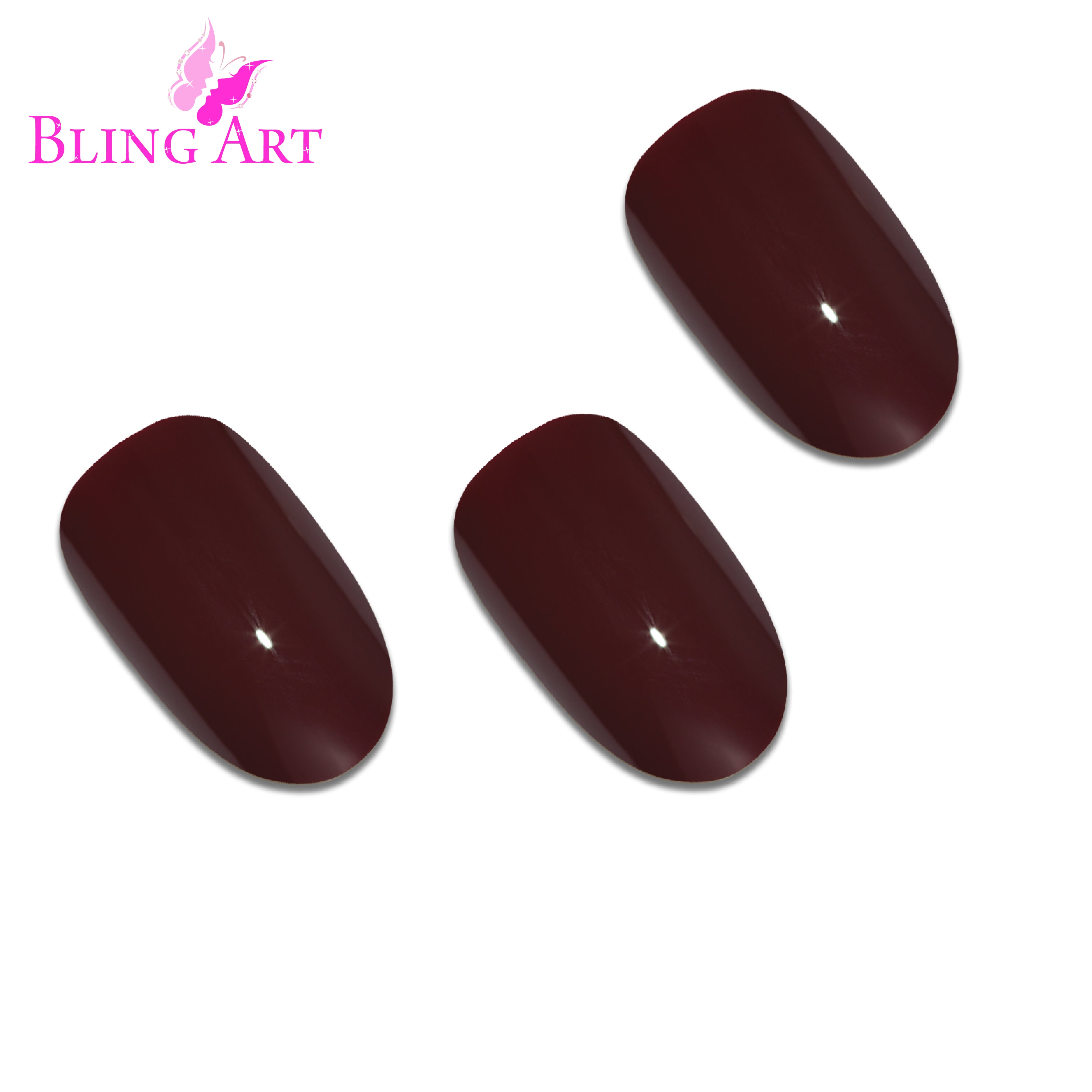 Red Brown polished oval Bling Art press-on nails — alternative angle revealing the bond line on the oval shape.
