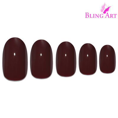 Red Brown polished oval press-on false nails by Bling Art — warm chestnut red-brown high-shine polished finish for autumnal everyday wear and seasonal events. 24 nails, 12 sizes XS-XXL, no UV lamp. Designed in Yorkshire UK.