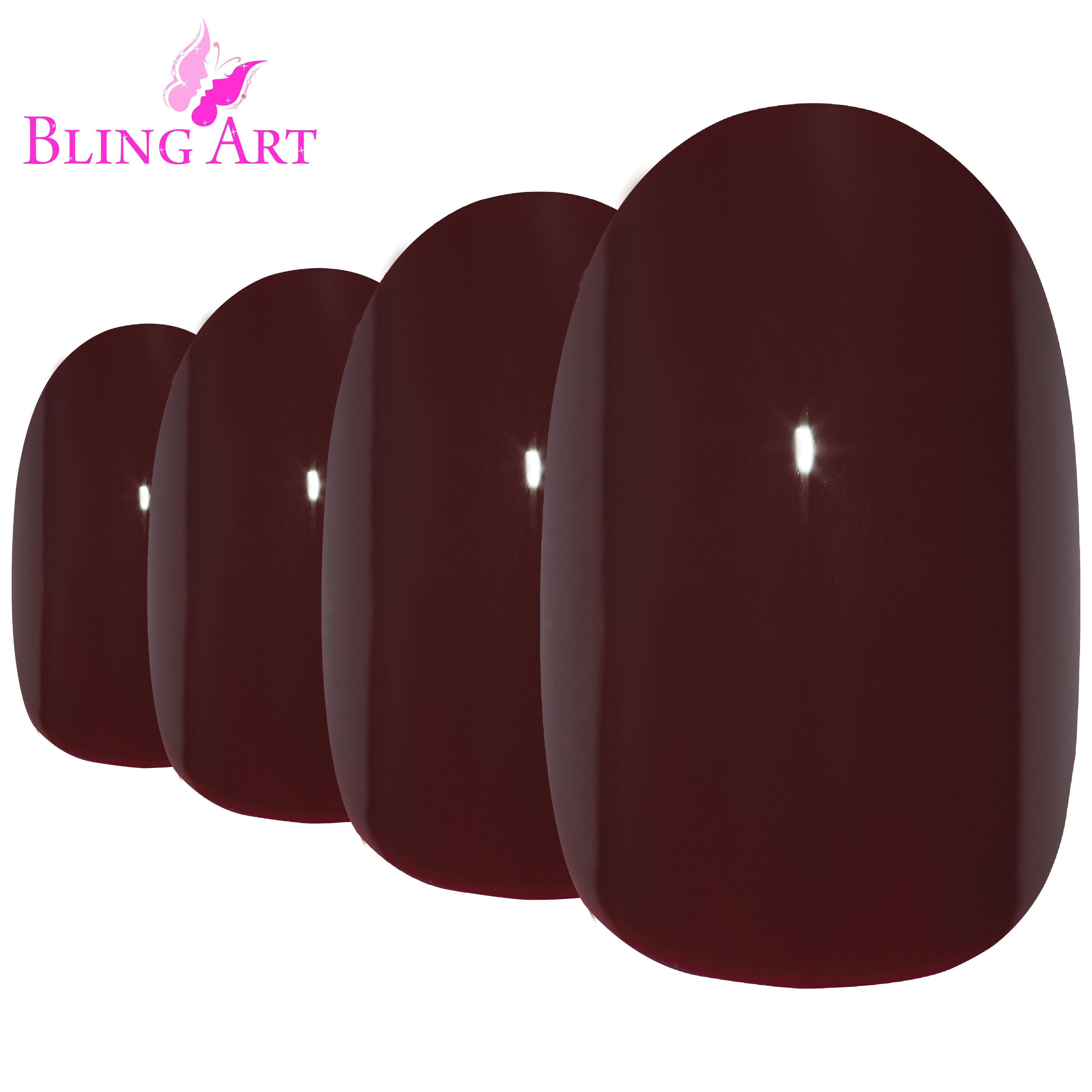 Red Brown polished oval Bling Art press-on nails — worn-hand close-up showing the warm chestnut high-shine finish on oval tips.