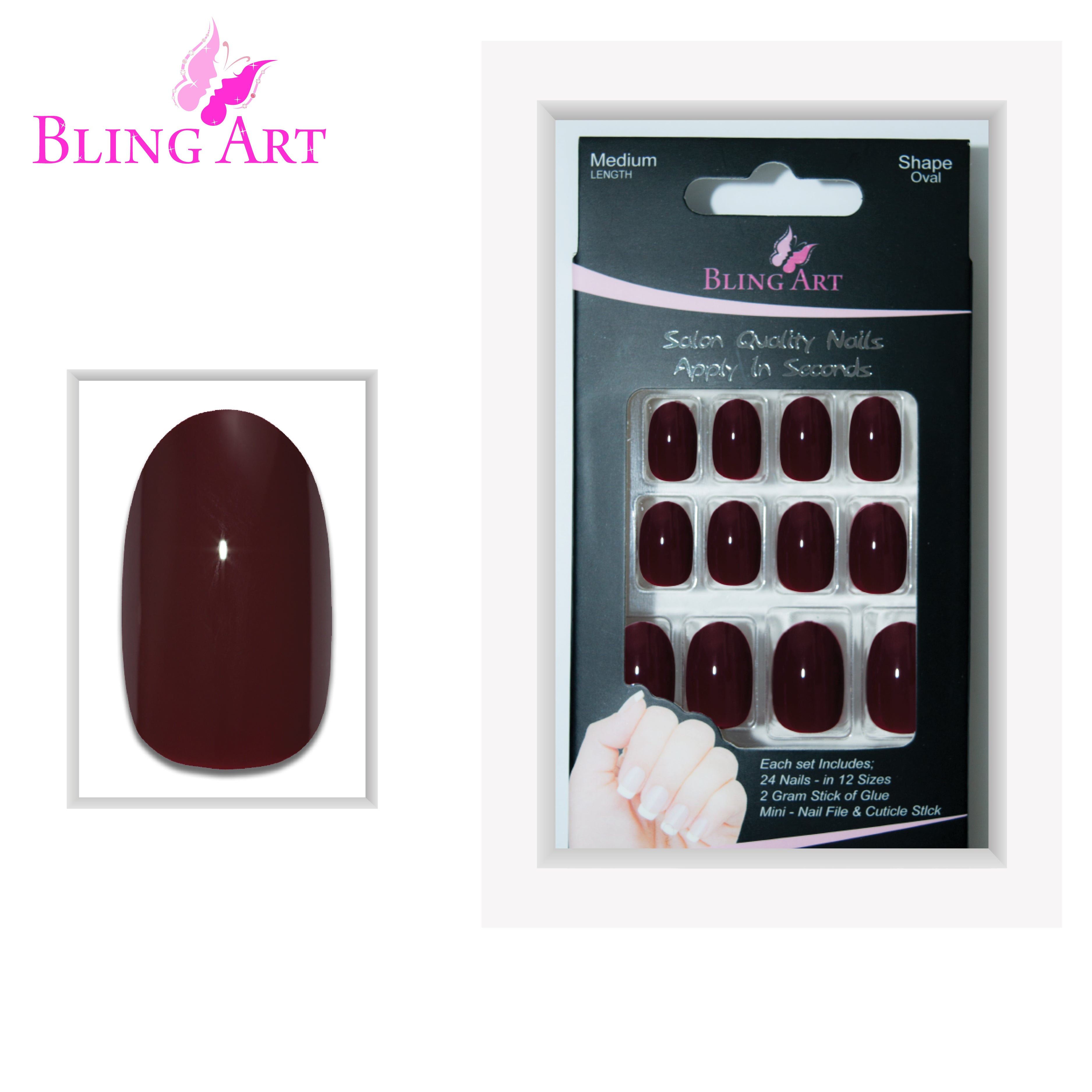 Red Brown polished oval Bling Art press-on nails — full-hand reveal showing all 24 nails across five fingers for autumnal events.