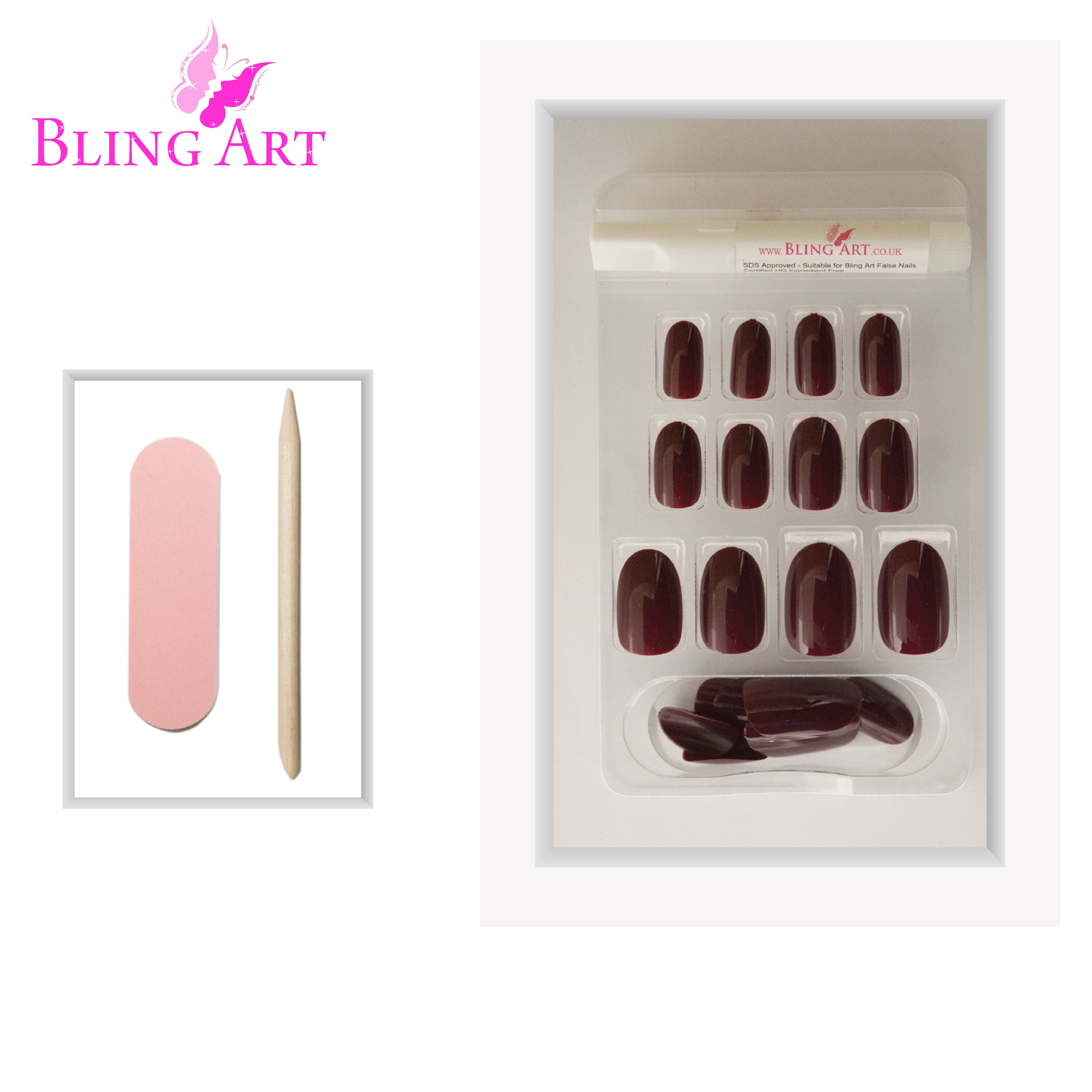 Red Brown polished oval Bling Art press-on nails — lifestyle context shot showing the warm chestnut gloss in seasonal styling.