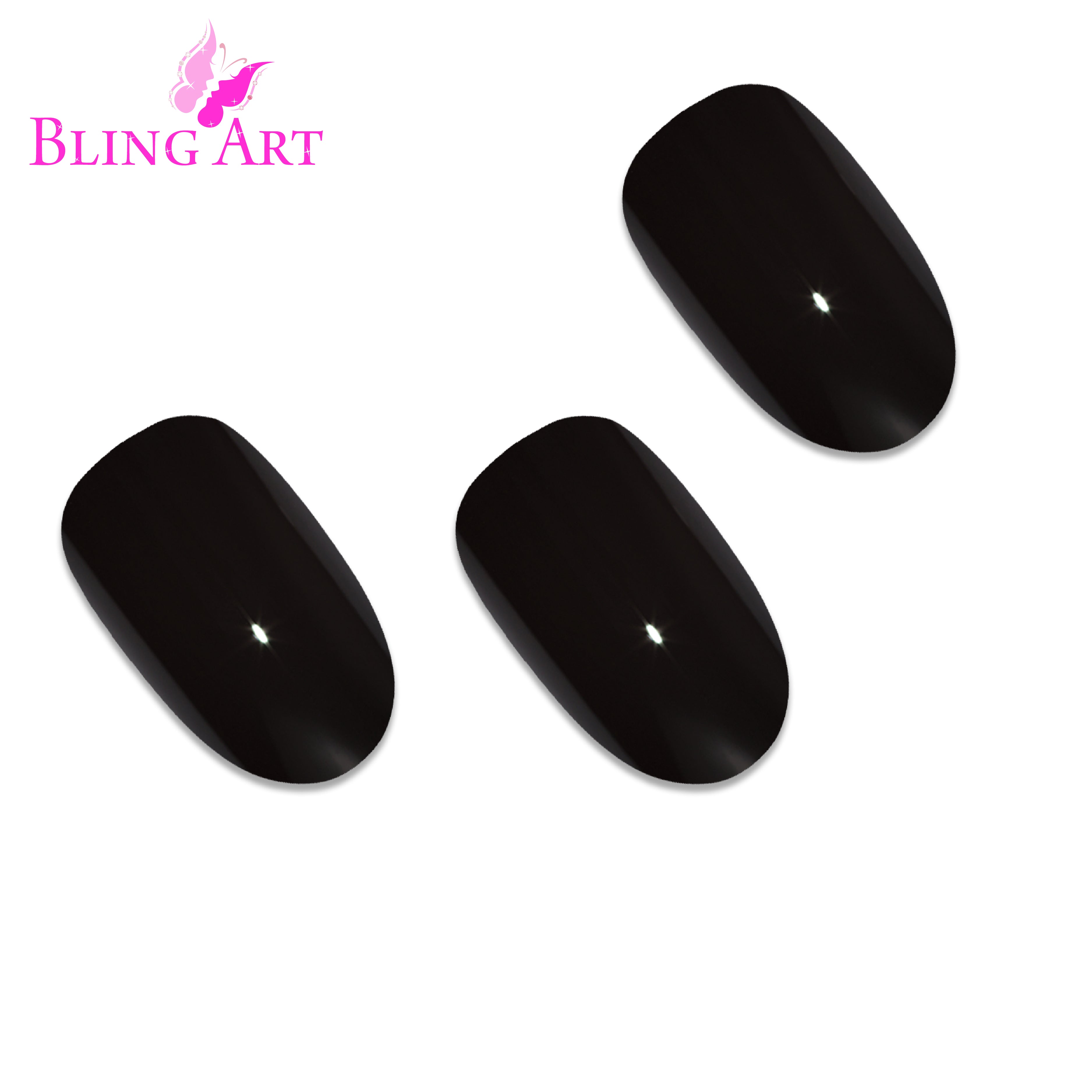 Black polished oval Bling Art press-on nails — worn-hand close-up showing the deep jet-black high-shine finish on medium-length oval tips.