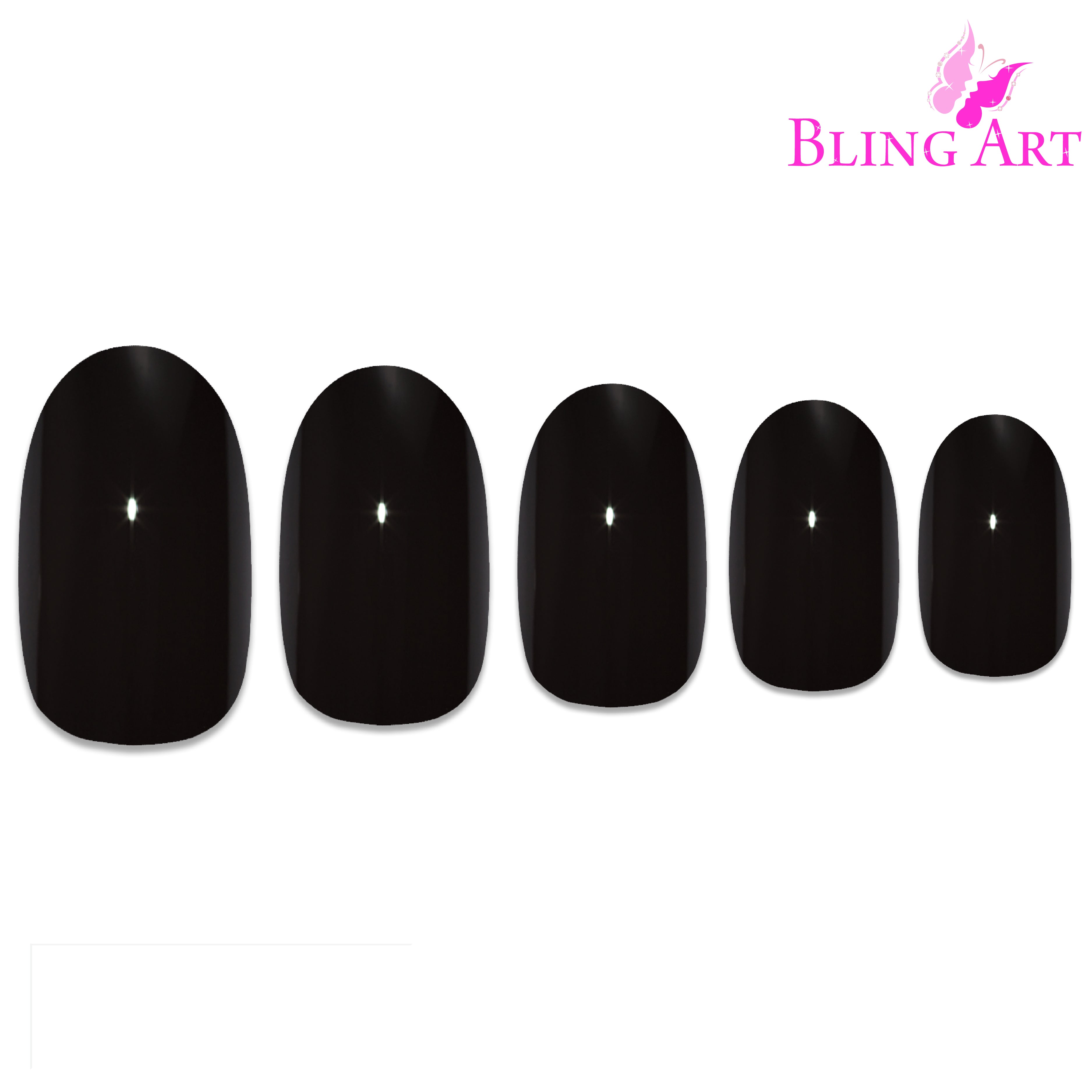 Black polished oval Bling Art press-on nails — alternative angle revealing the bond line and gloss reflection on the oval shape.