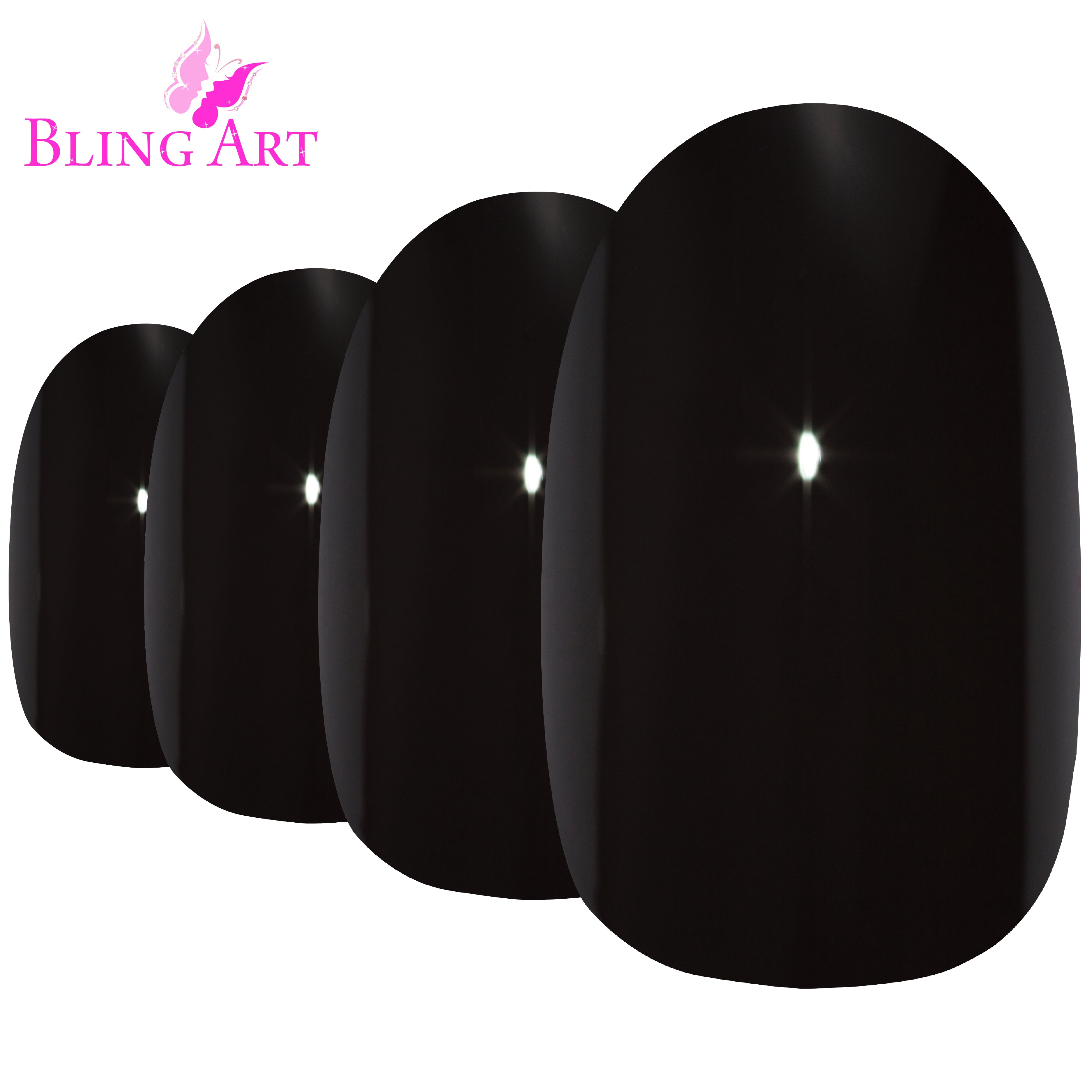 Bling Art Black polished oval press-on nail set packaging — 24 nails, 12 sizes XS-XXL, file and cuticle stick included. Glue not included.