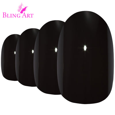 Deep jet black high-polish oval-shaped press-on false nails by Bling Art — sleek statement gloss for evening wear and editorial styling · high-shine polished finish · medium-length oval tips · 24 nails per set with adhesive · designed in Yorkshire