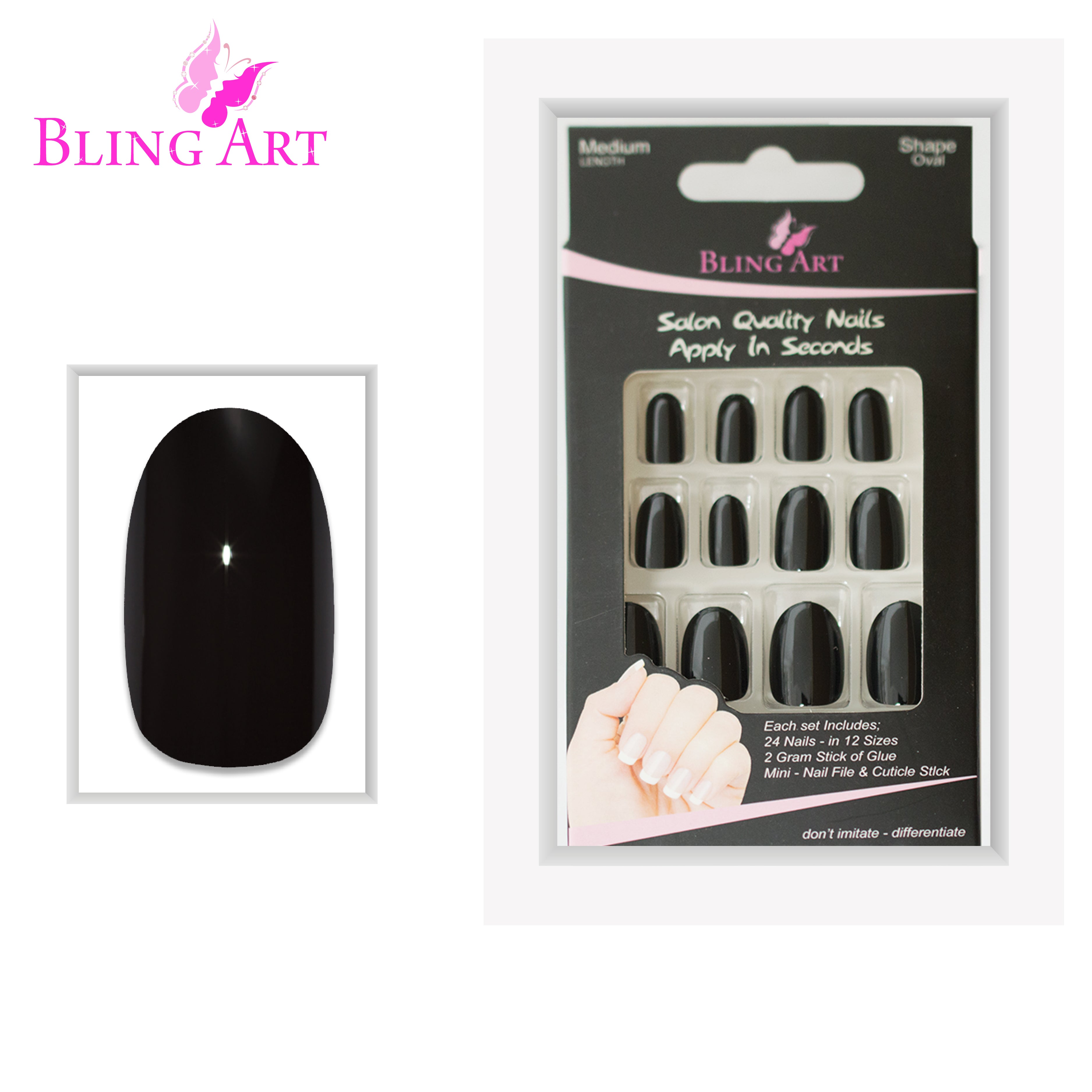 Black polished oval Bling Art press-on nails — full-hand reveal showing all 24 nails across five fingers for evening and editorial wear.