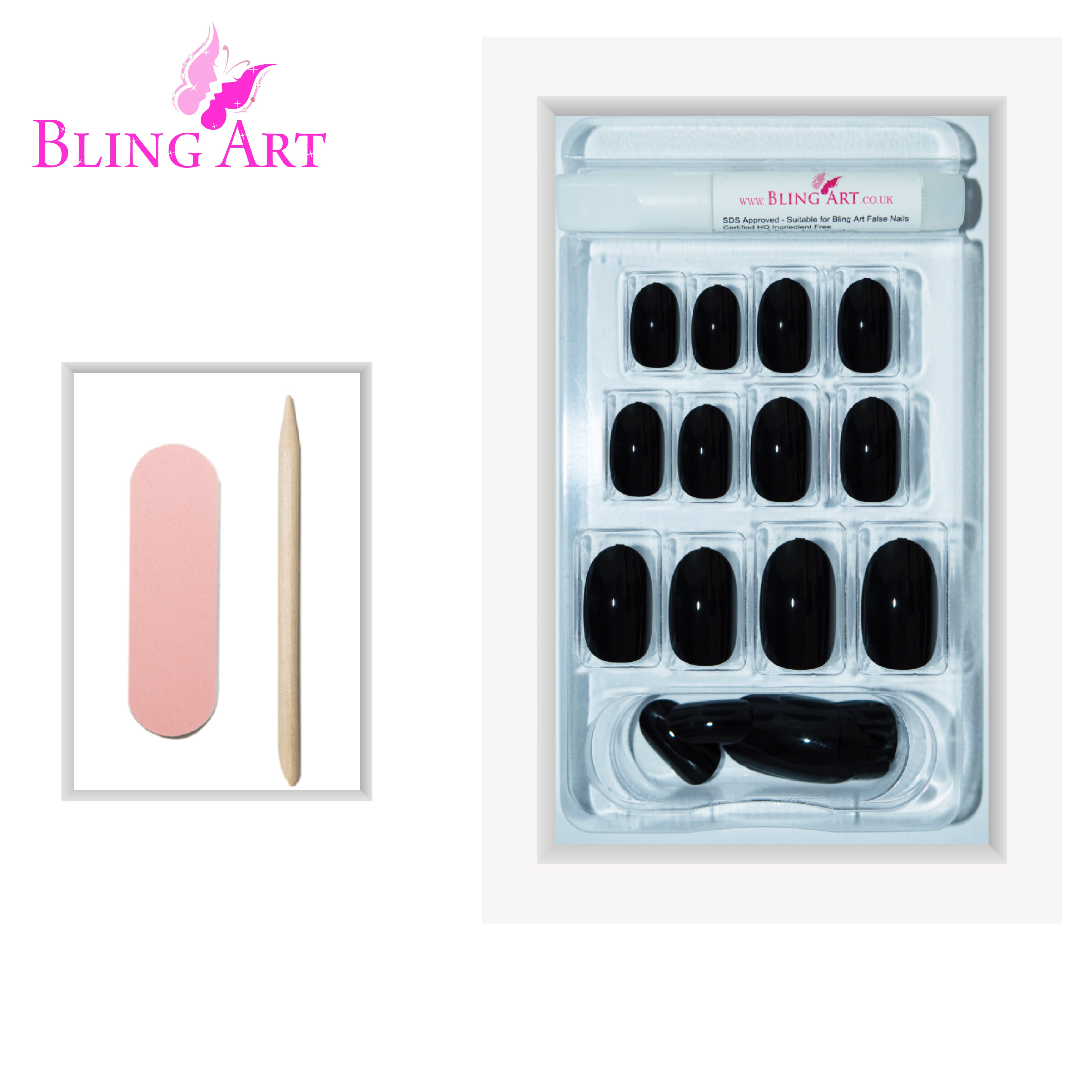 Black polished oval Bling Art press-on nails — lifestyle context shot showing the sleek statement-gloss finish.