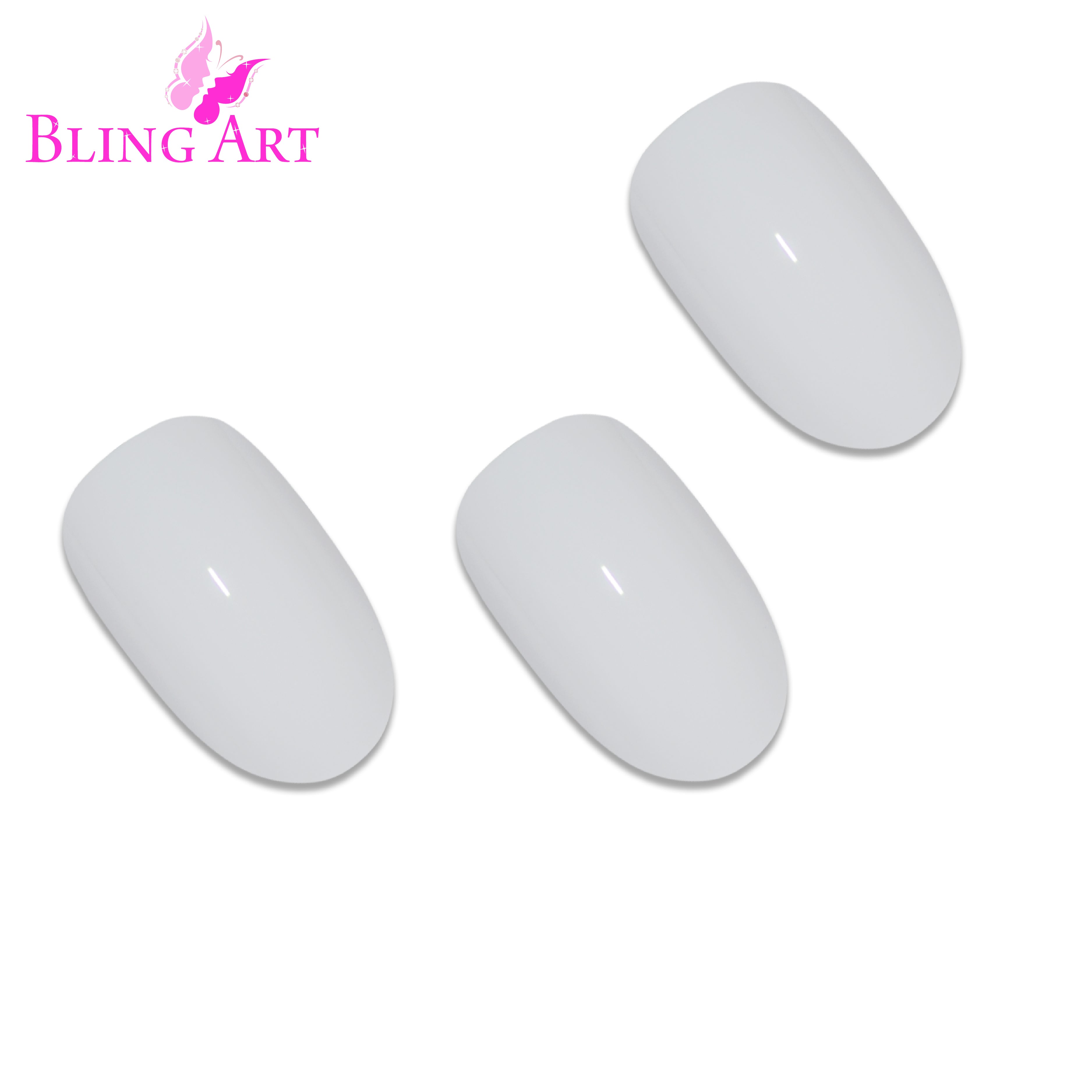White polished oval Bling Art press-on nails — worn-hand close-up showing the crisp pearl-white high-shine on medium-length oval tips.
