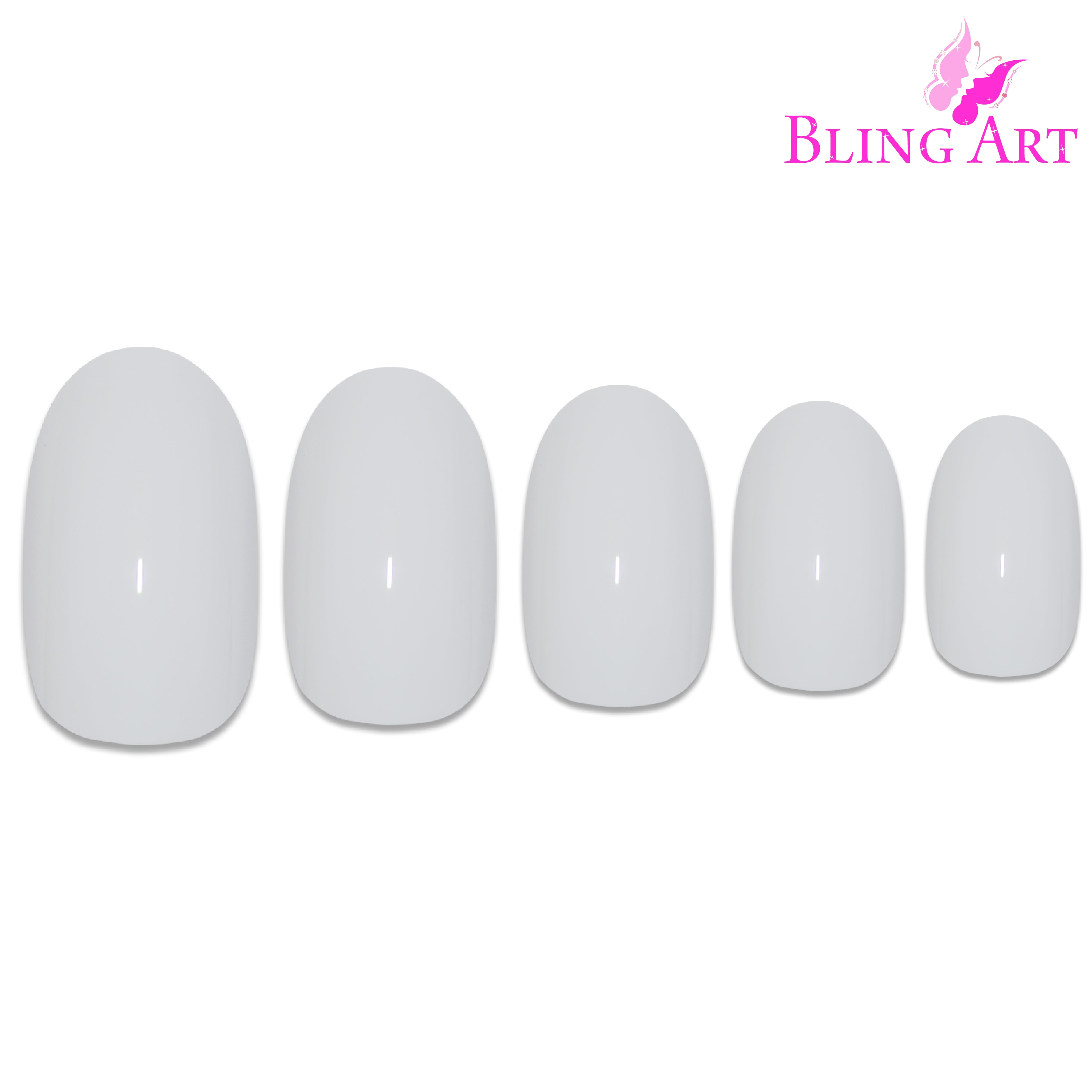 White polished oval Bling Art press-on nails — alternative angle revealing the bond line and gloss reflection on the oval shape.