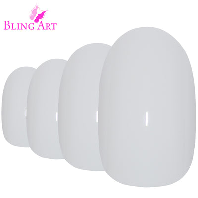 Crisp pearl white high-polish oval-shaped press-on false nails by Bling Art — bridal and summer minimalism for clean classic everyday styling · high-shine polished finish · medium-length oval tips · 24 nails per set with adhesive · designed in Yorkshire