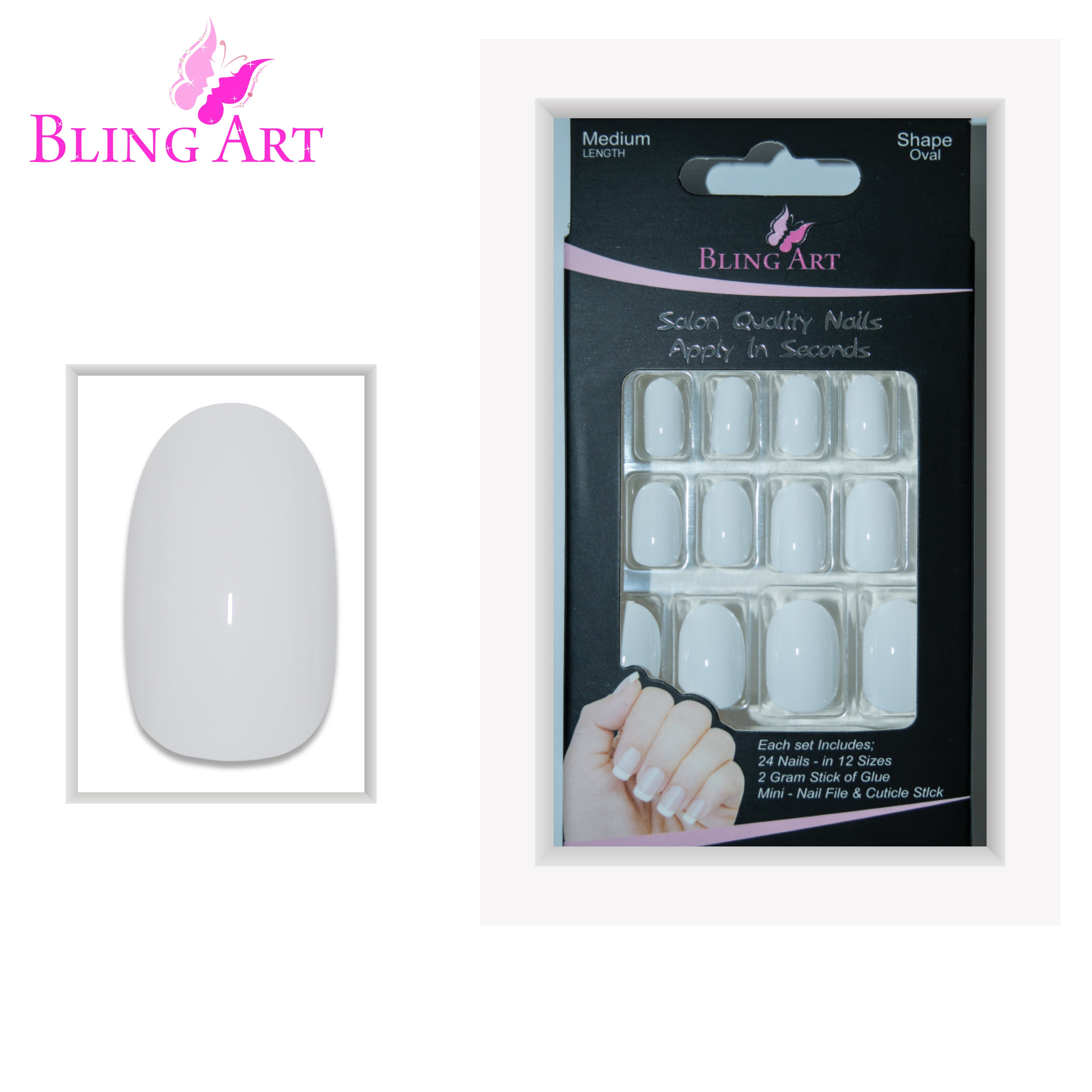White polished oval Bling Art press-on nails — lifestyle context shot showing the bridal-and-summer pearl-white minimalism.