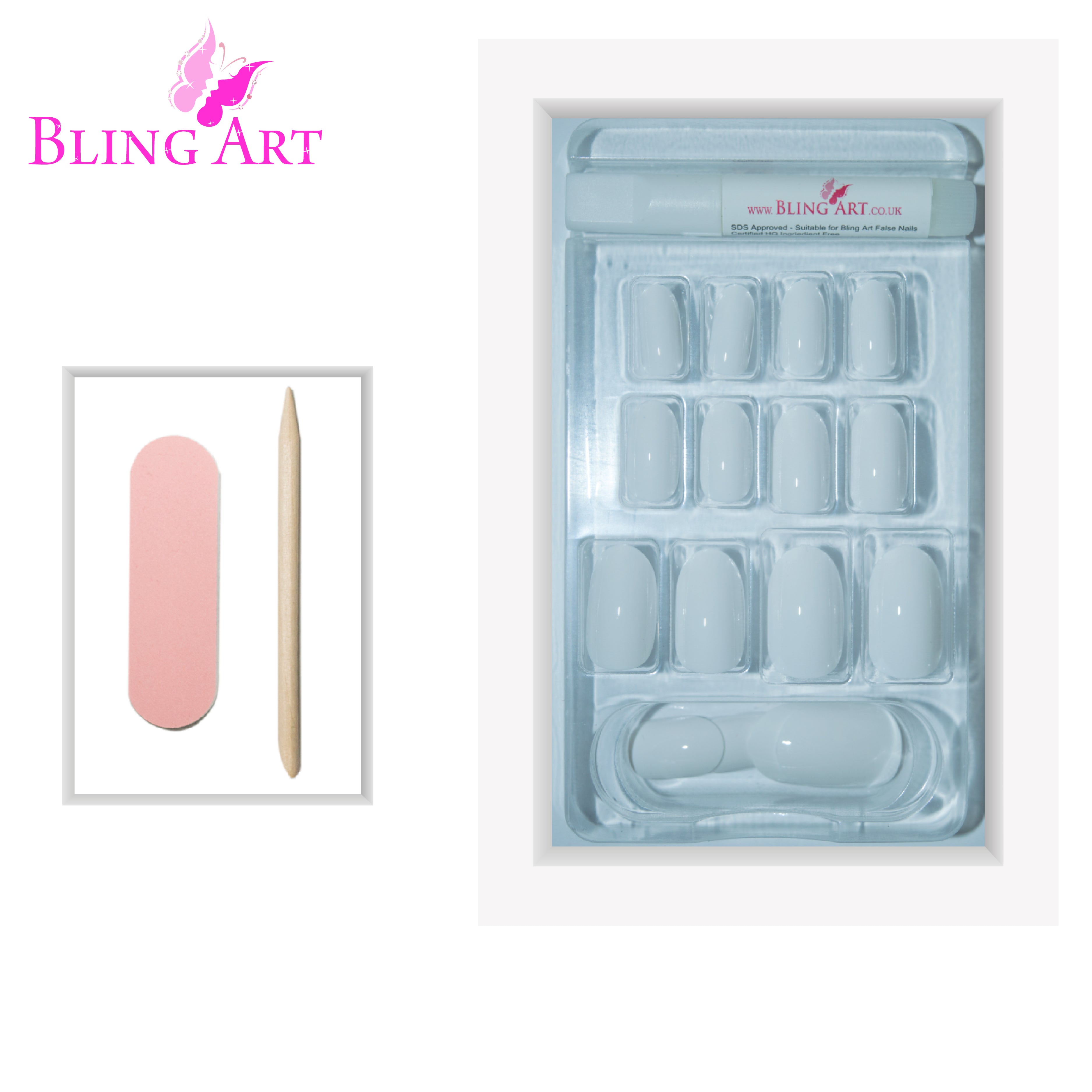 White polished oval Bling Art press-on nails — full-hand reveal showing all 24 nails across five fingers for weddings and summer.