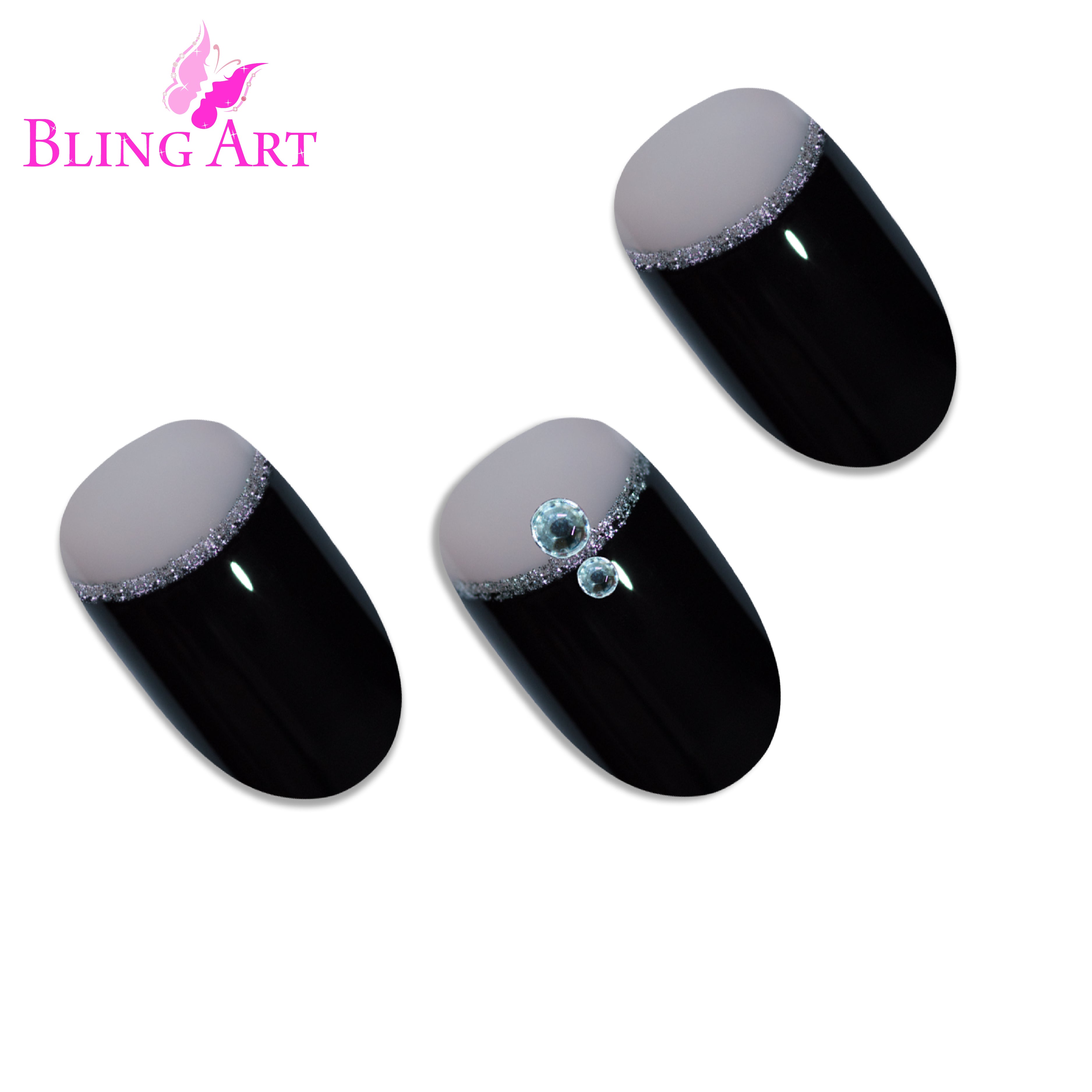 Black Crystal glitter oval Bling Art press-on nails — lifestyle context shot showing the bold crystal-cut sparkle finish.