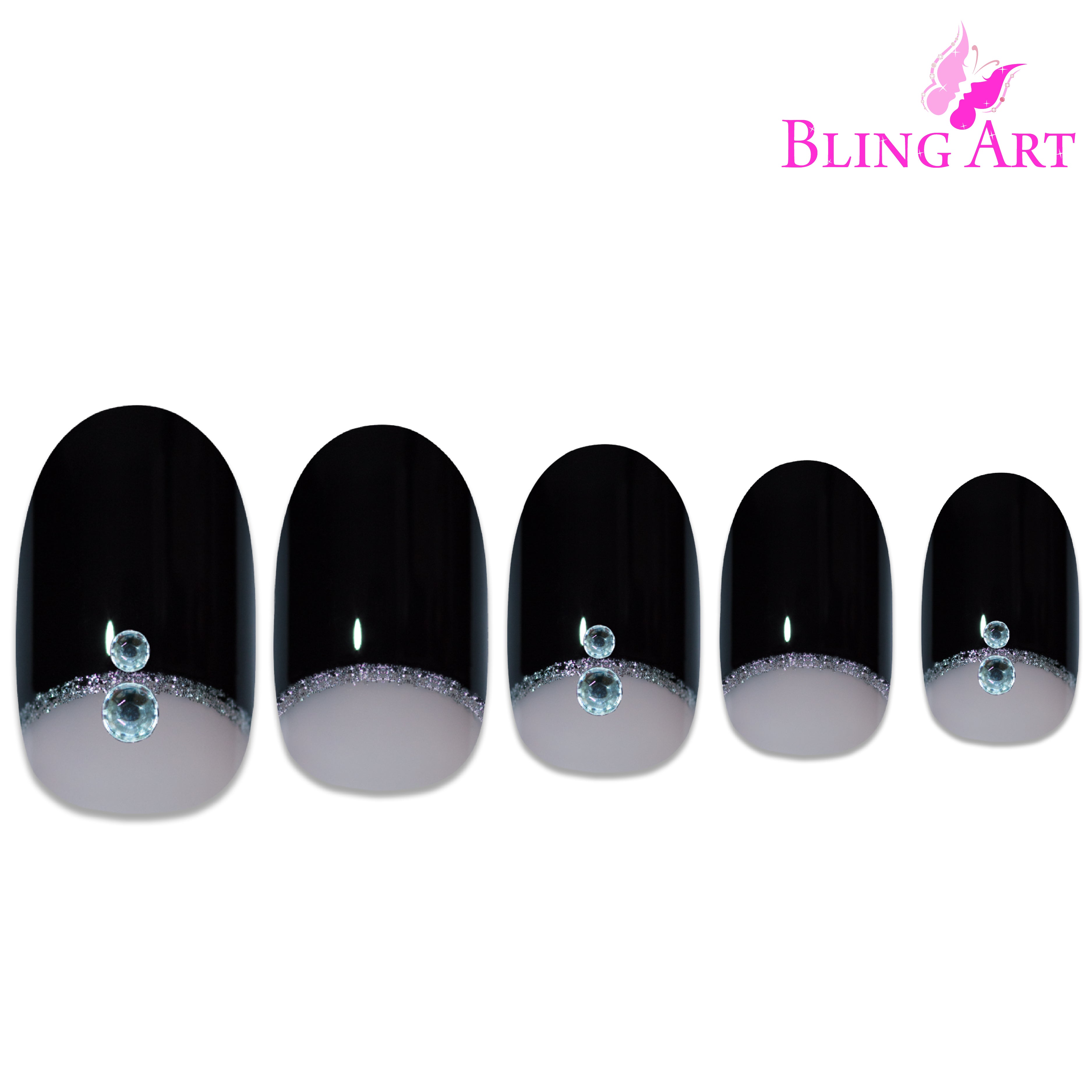Black Crystal glitter oval Bling Art press-on nails — alternative angle revealing the glitter density on the oval shape.