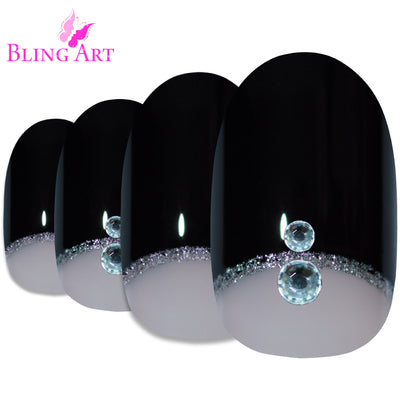 Black Crystal glitter oval Bling Art press-on nails — worn-hand close-up showing the crystal-cut black sparkle on medium-length oval tips.