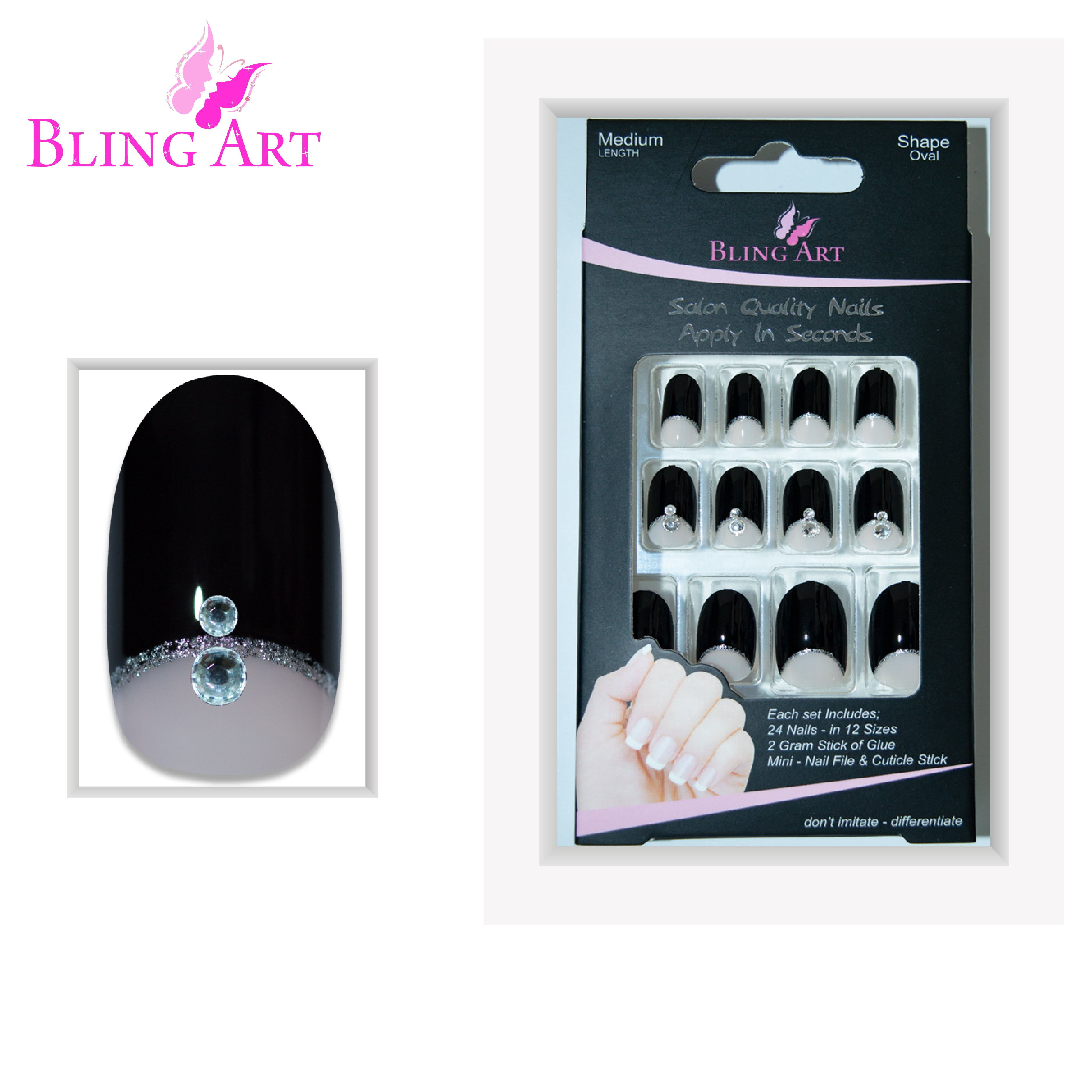 Black Crystal glitter oval Bling Art press-on nails — full-hand reveal showing all 24 nails for parties, NYE and Halloween.