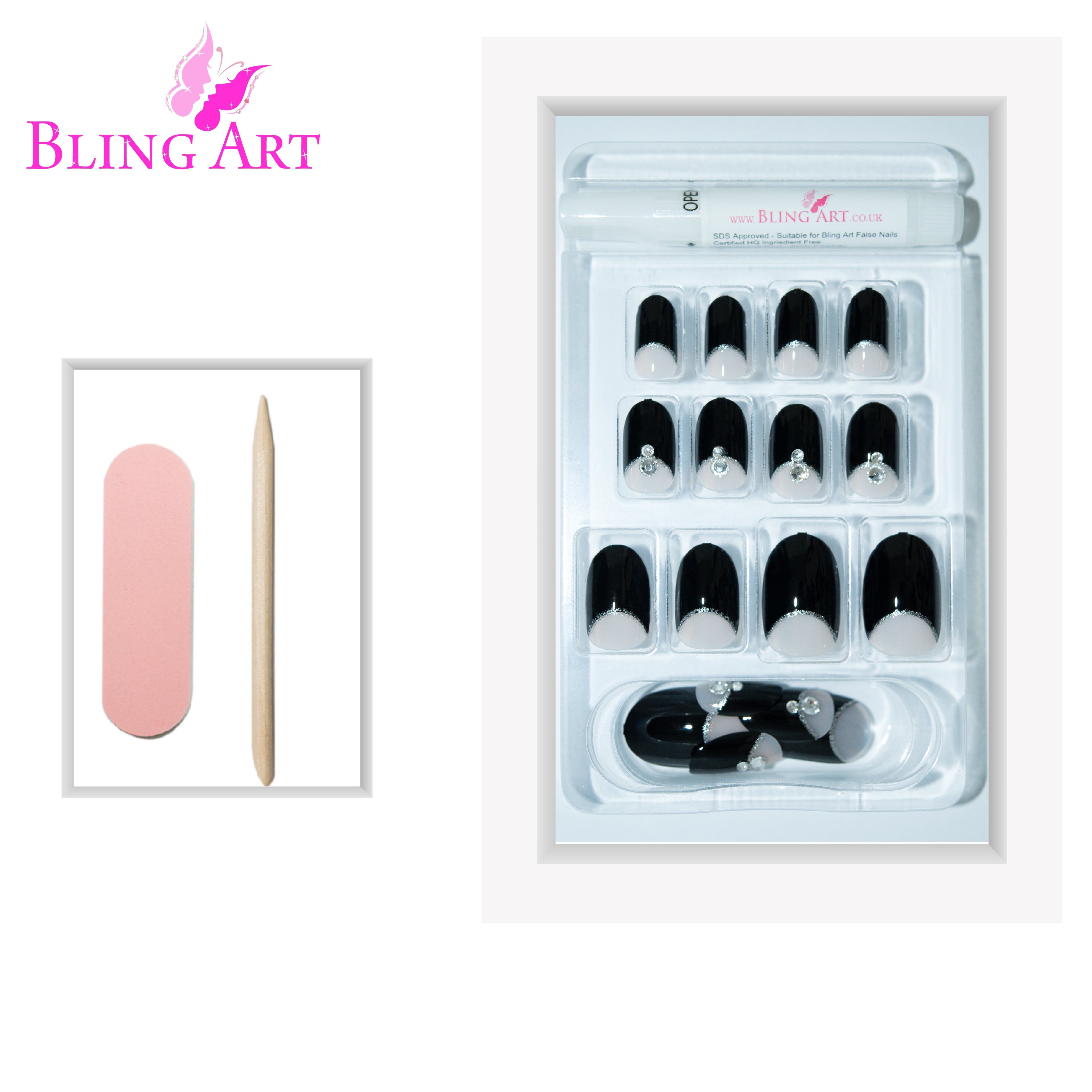 Bling Art Black Crystal glitter oval press-on nail set packaging — 24 nails, 12 sizes XS-XXL, file and cuticle stick included. Glue not included.