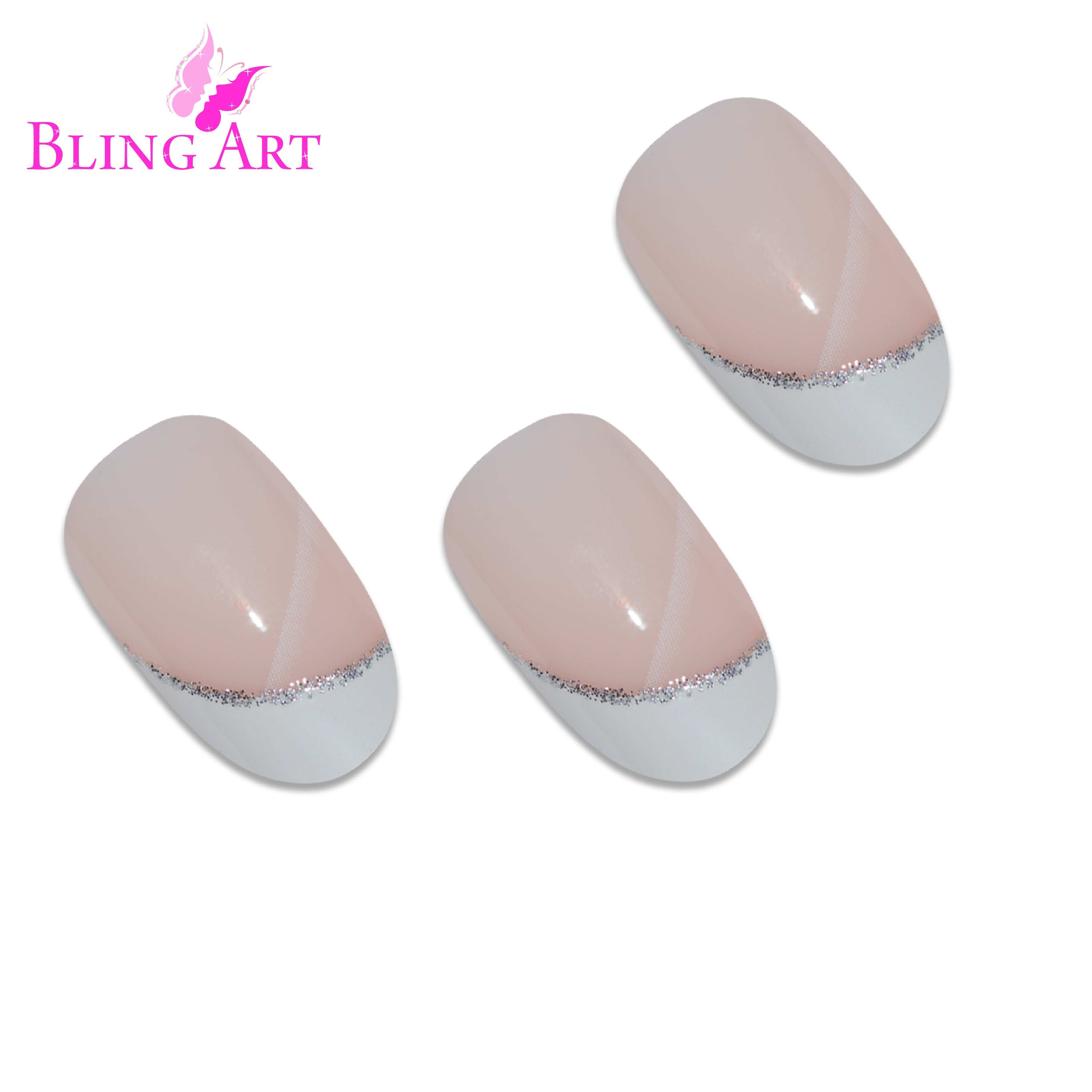 Bling Art White polished oval French press-on nail set packaging — 24 nails, 12 sizes XS-XXL, file and cuticle stick included. Glue not included.