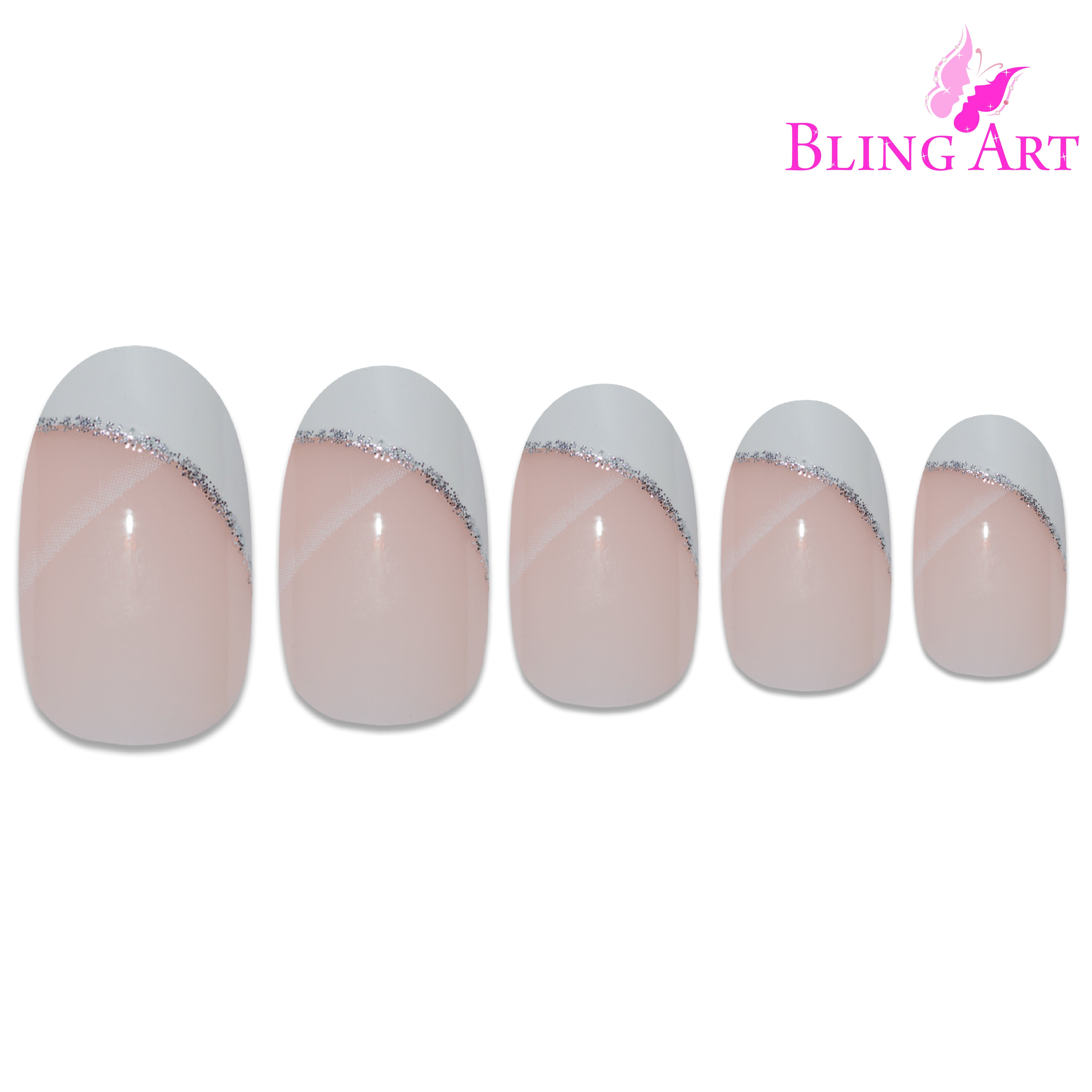 White polished oval French Bling Art press-on nails — full-hand reveal showing all 24 nails across five fingers for weddings and minimalist wear.