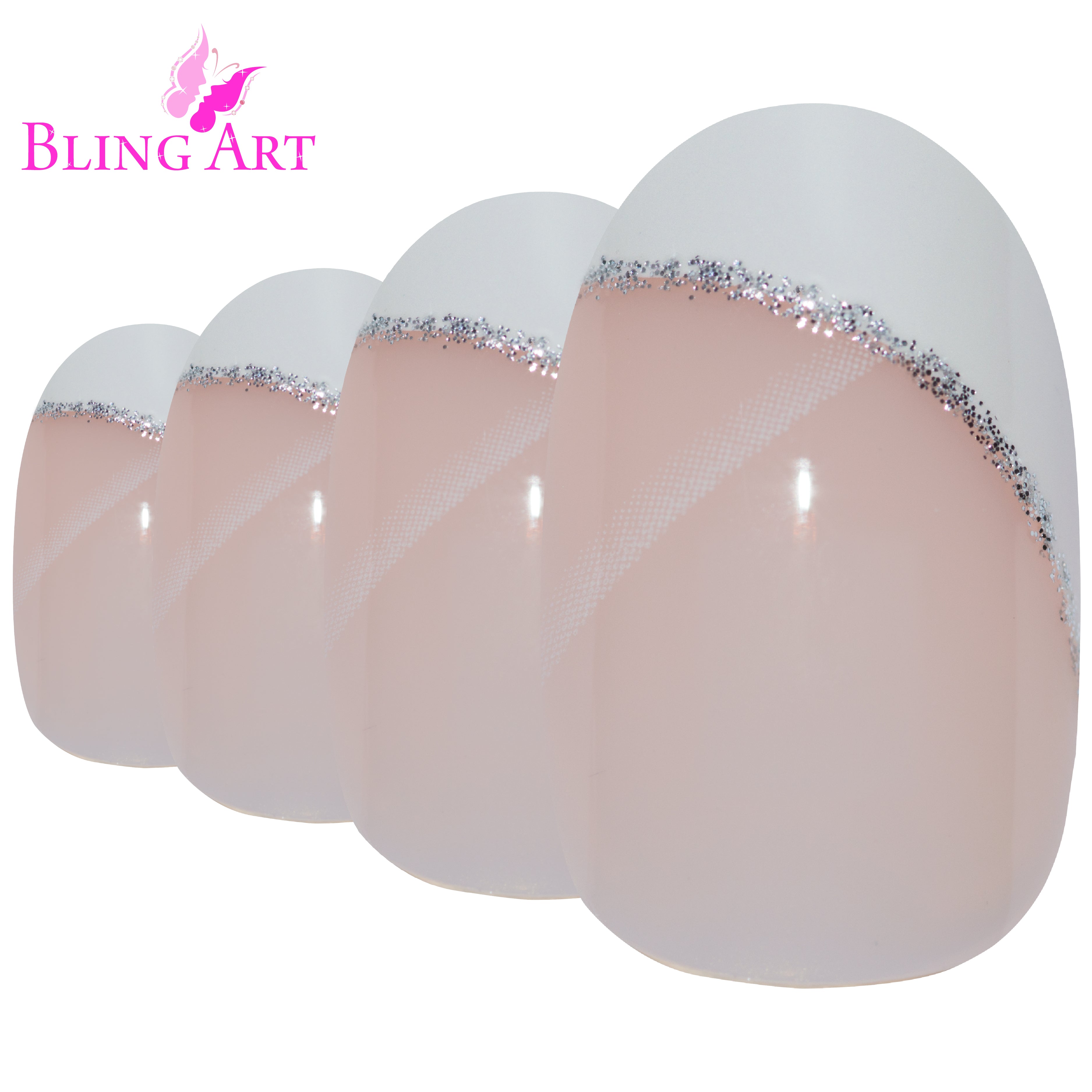 White polished oval French Bling Art press-on nails — worn-hand close-up showing the crisp pearl-white French tip on medium-length oval tips.