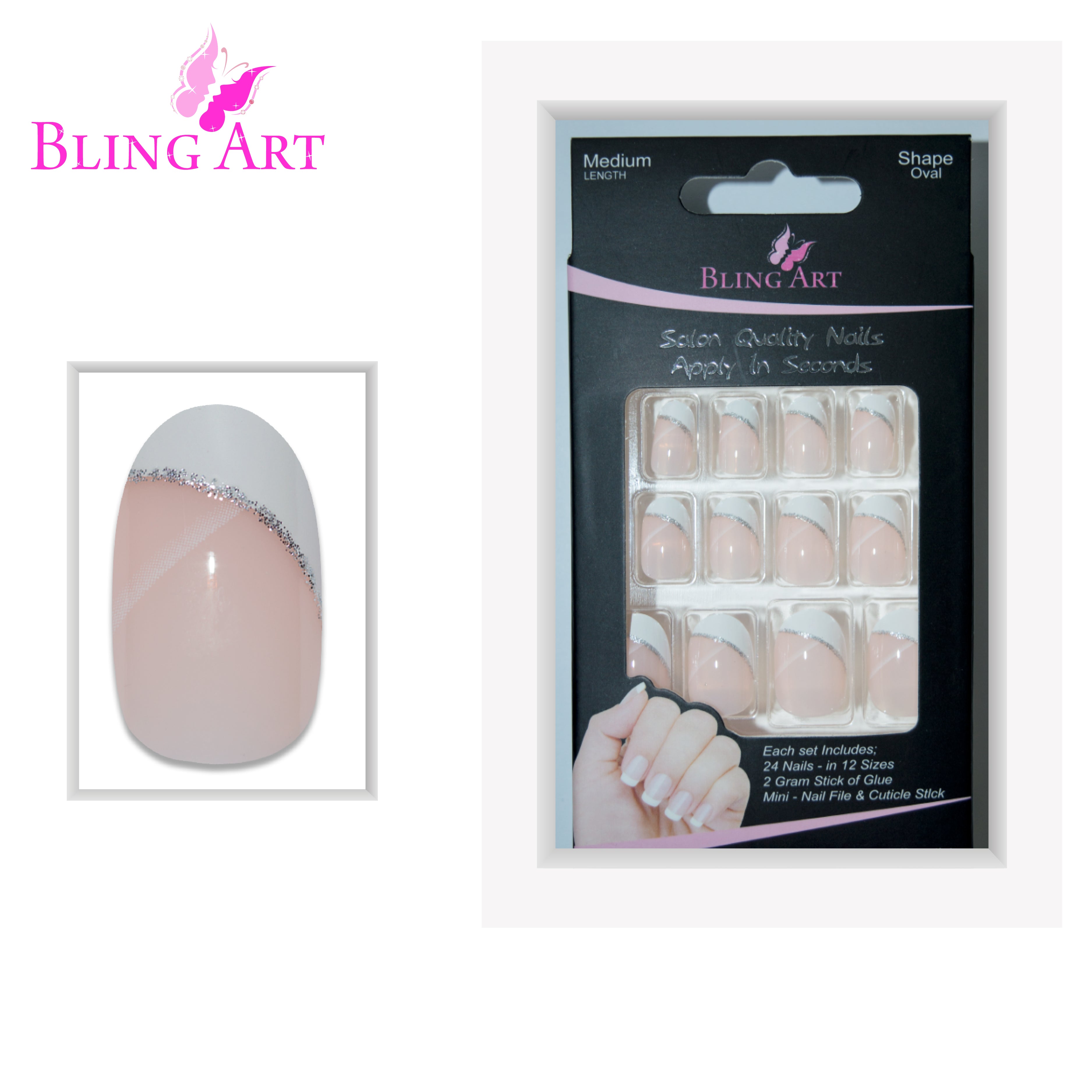 White polished oval French Bling Art press-on nails — alternative angle revealing the French tip definition on the oval shape.