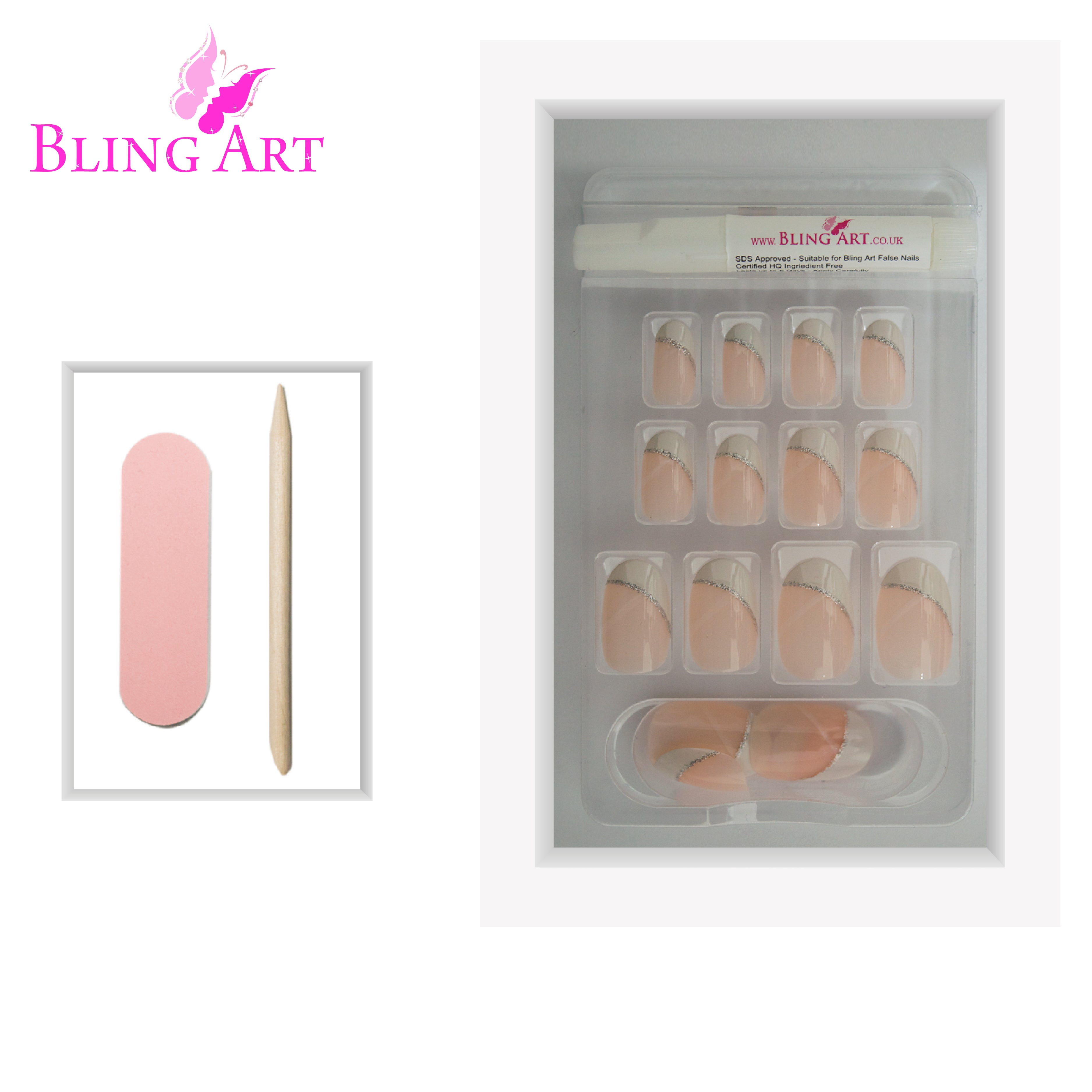 White polished oval French Bling Art press-on nails — lifestyle context shot showing the elegant bridal French finish.