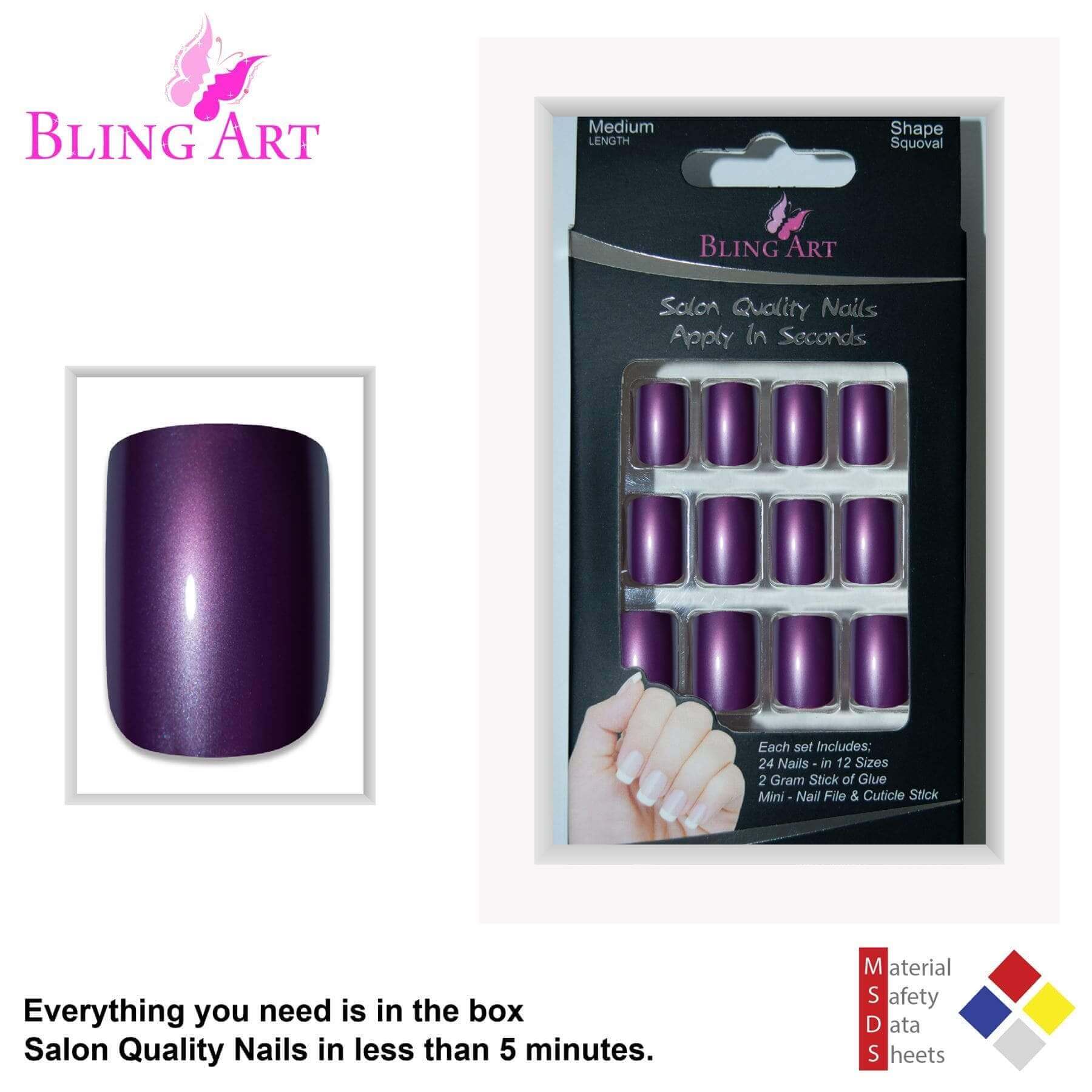 False Nails Bling Art Purple Acrylic French Manicure Fake Medium Tips with Glue