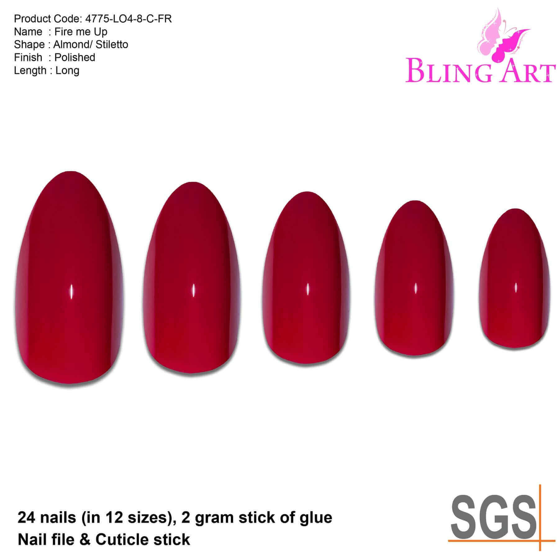 Multipack - False Nails Bling Art Red Polished Almond Stiletto Long Fake Acrylic Tips & Glue