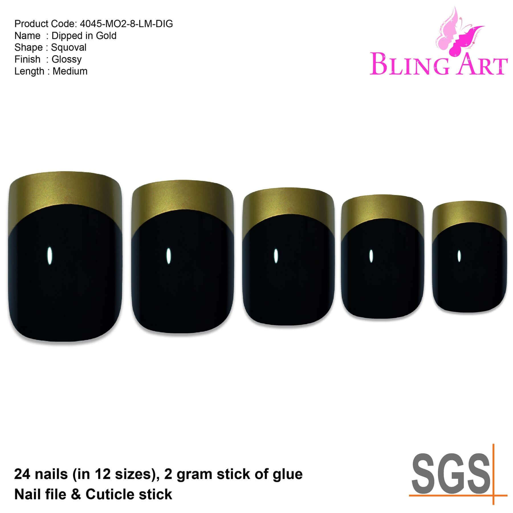 False Nails by Bling Art Gold Black French Manicure Fake Medium Tips with Glue