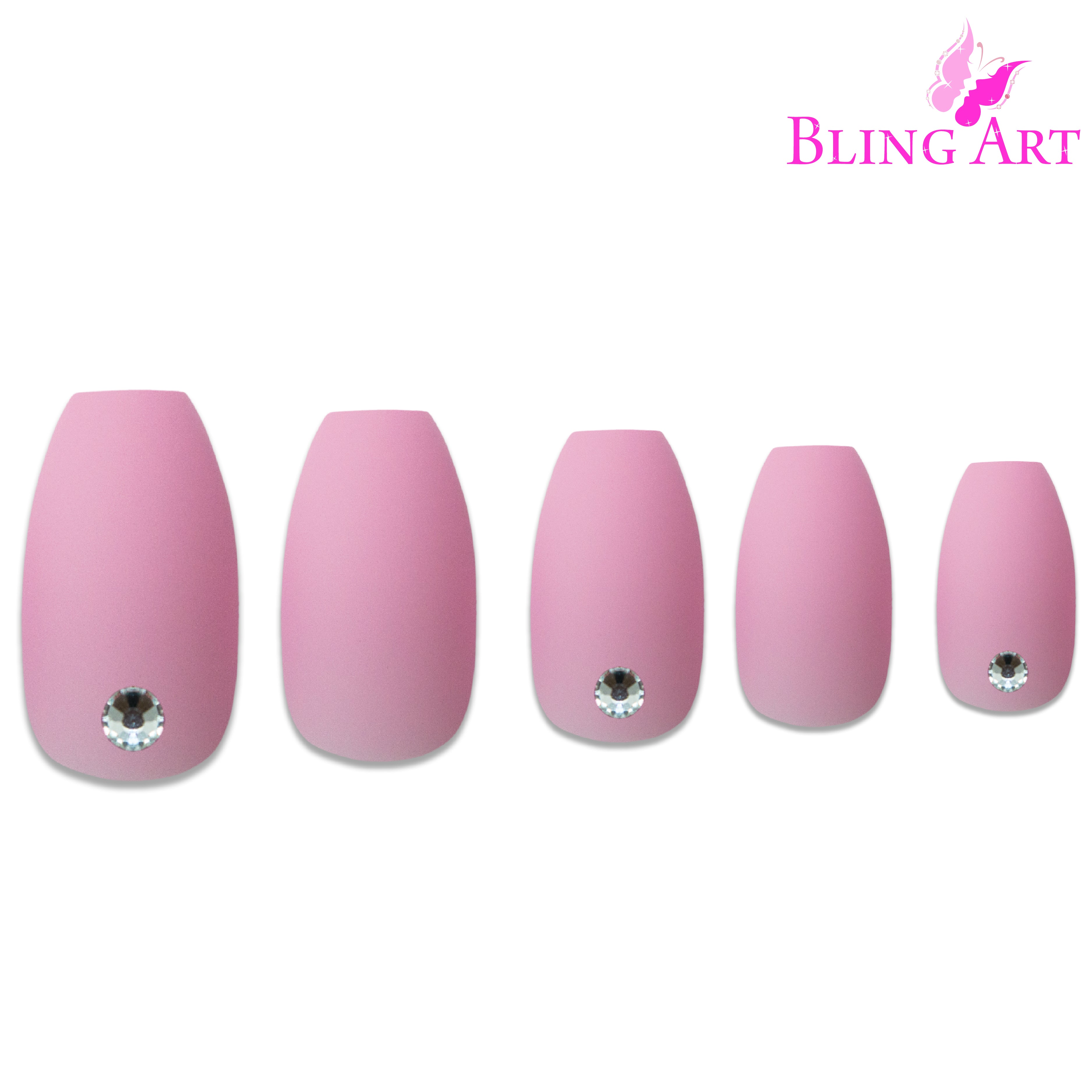 Pink matte ballerina coffin Bling Art press-on nails — alternative angle revealing the bond line on the long ballerina coffin shape.