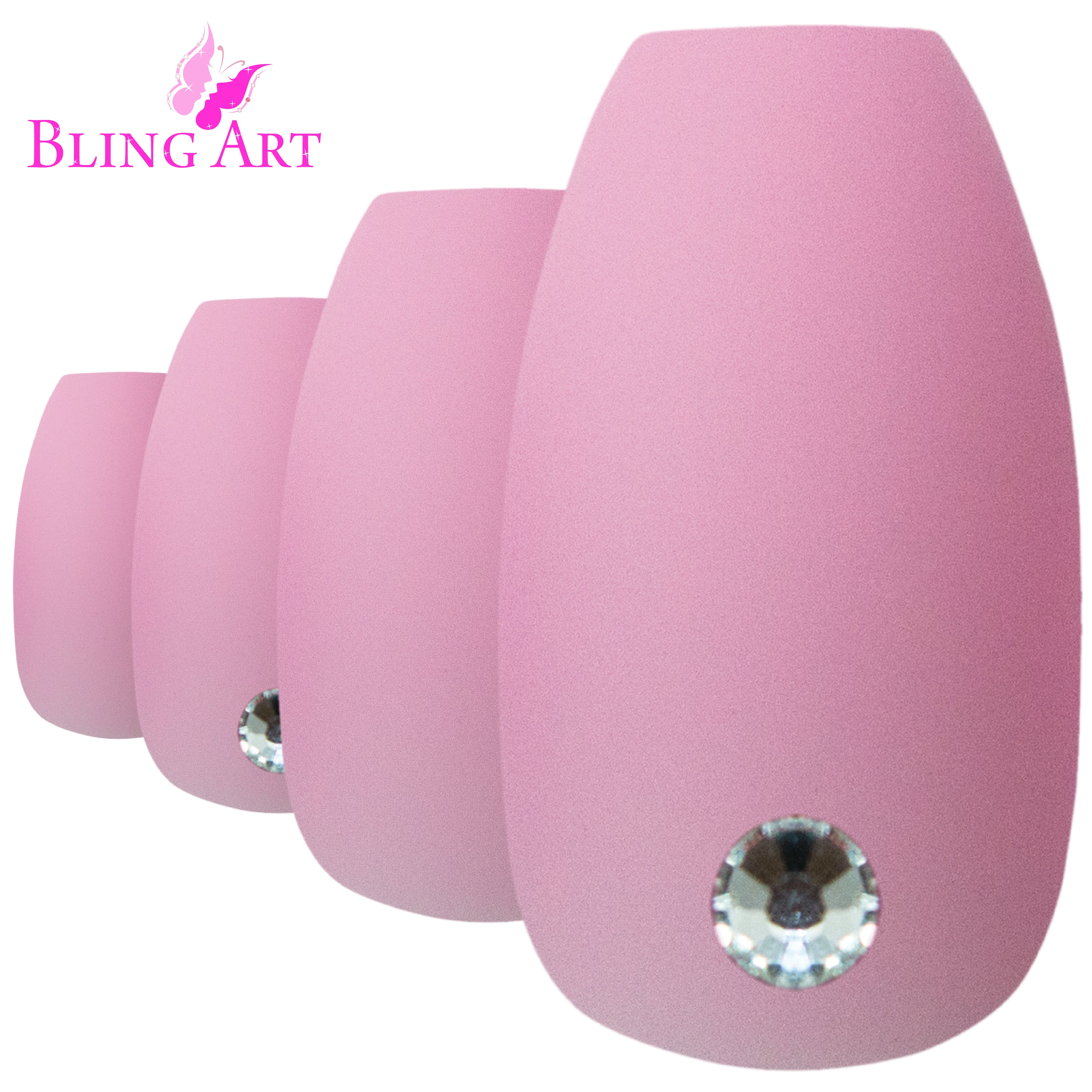 Bling Art Pink matte ballerina coffin press-on nail set packaging — 24 nails, 12 sizes XS-XXL, file and cuticle stick included. Glue not included.