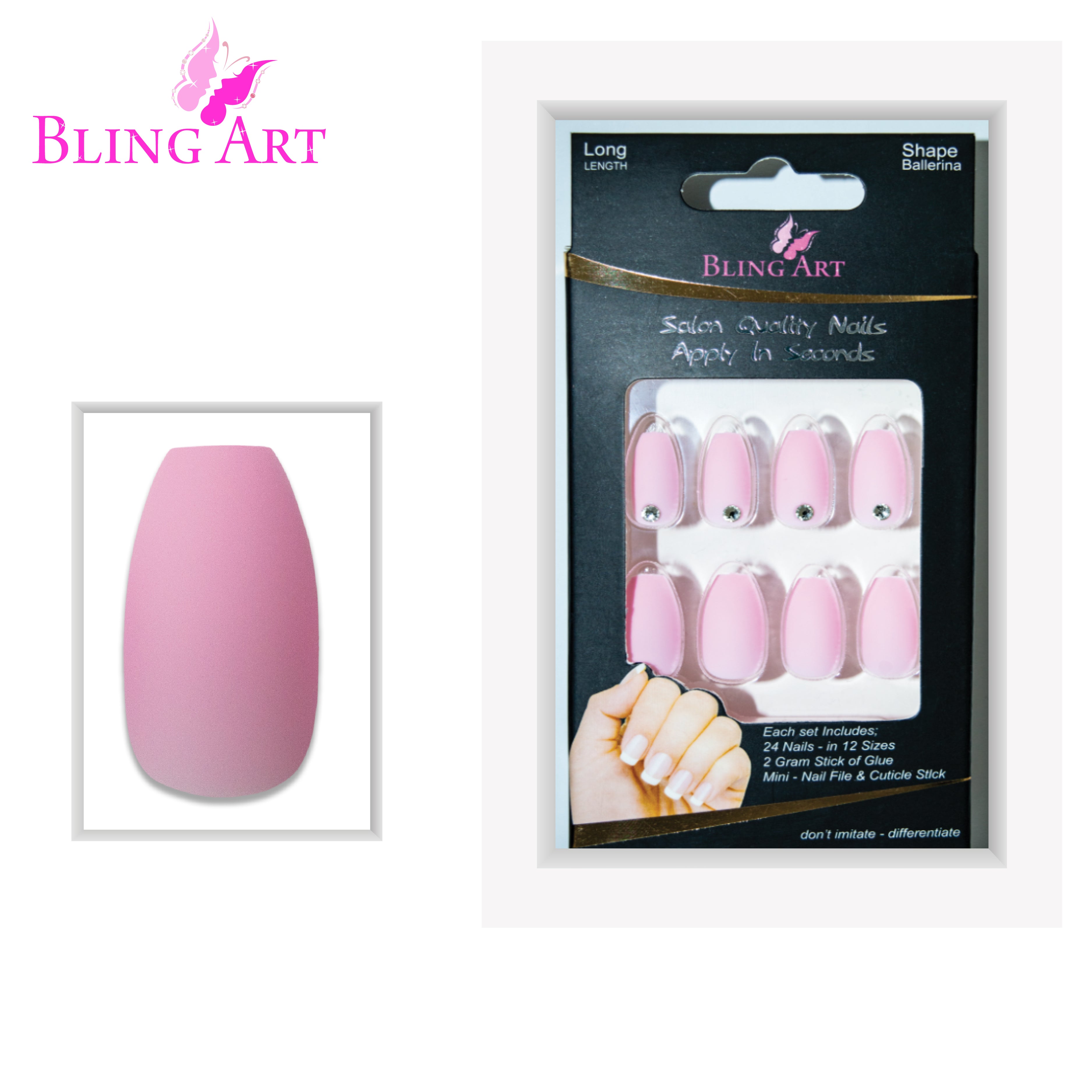 Pink matte ballerina coffin Bling Art press-on nails — full-hand reveal showing all 24 nails for summer events and date nights.