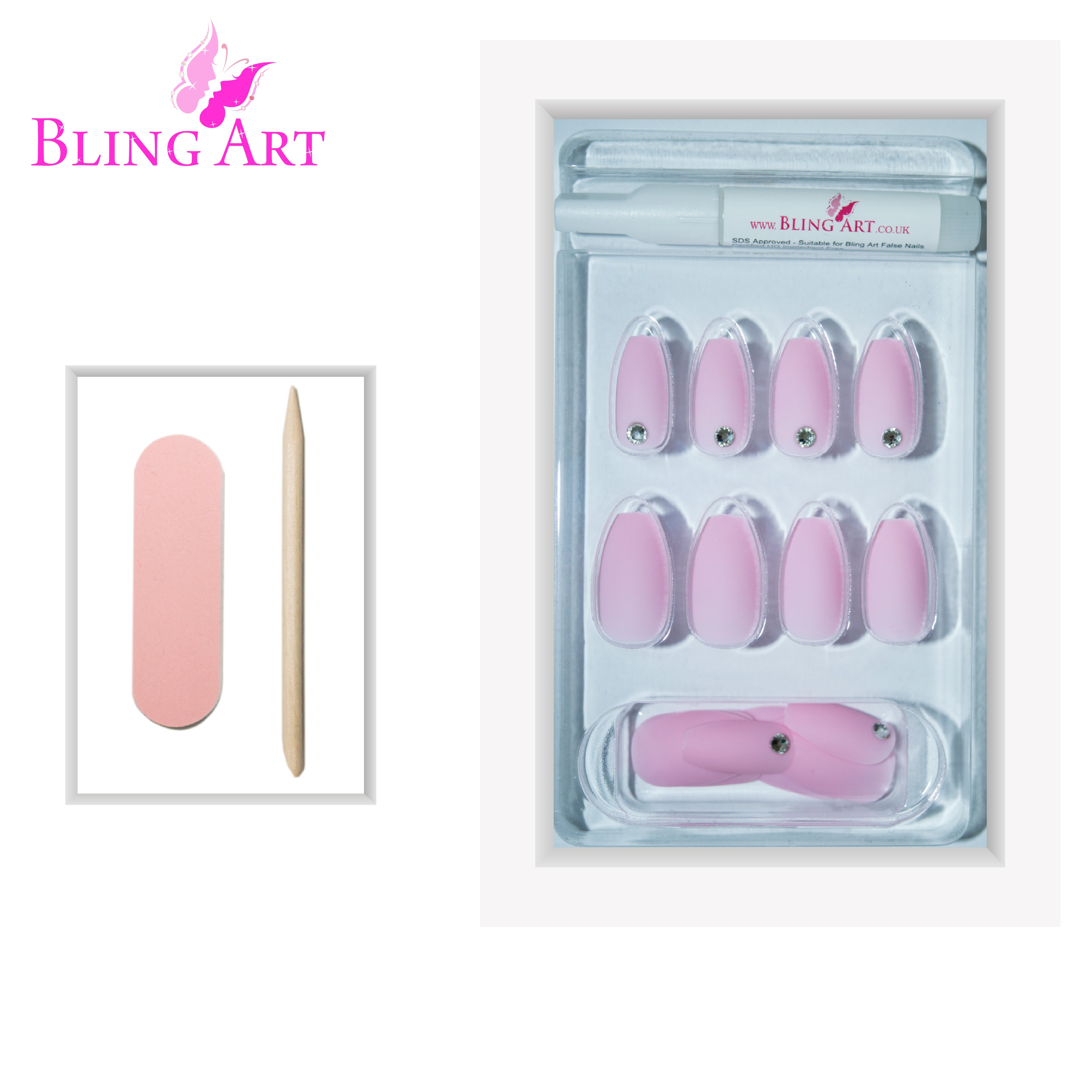 Pink matte ballerina coffin Bling Art press-on nails — lifestyle context shot showing the feminine blush-pink matte finish.