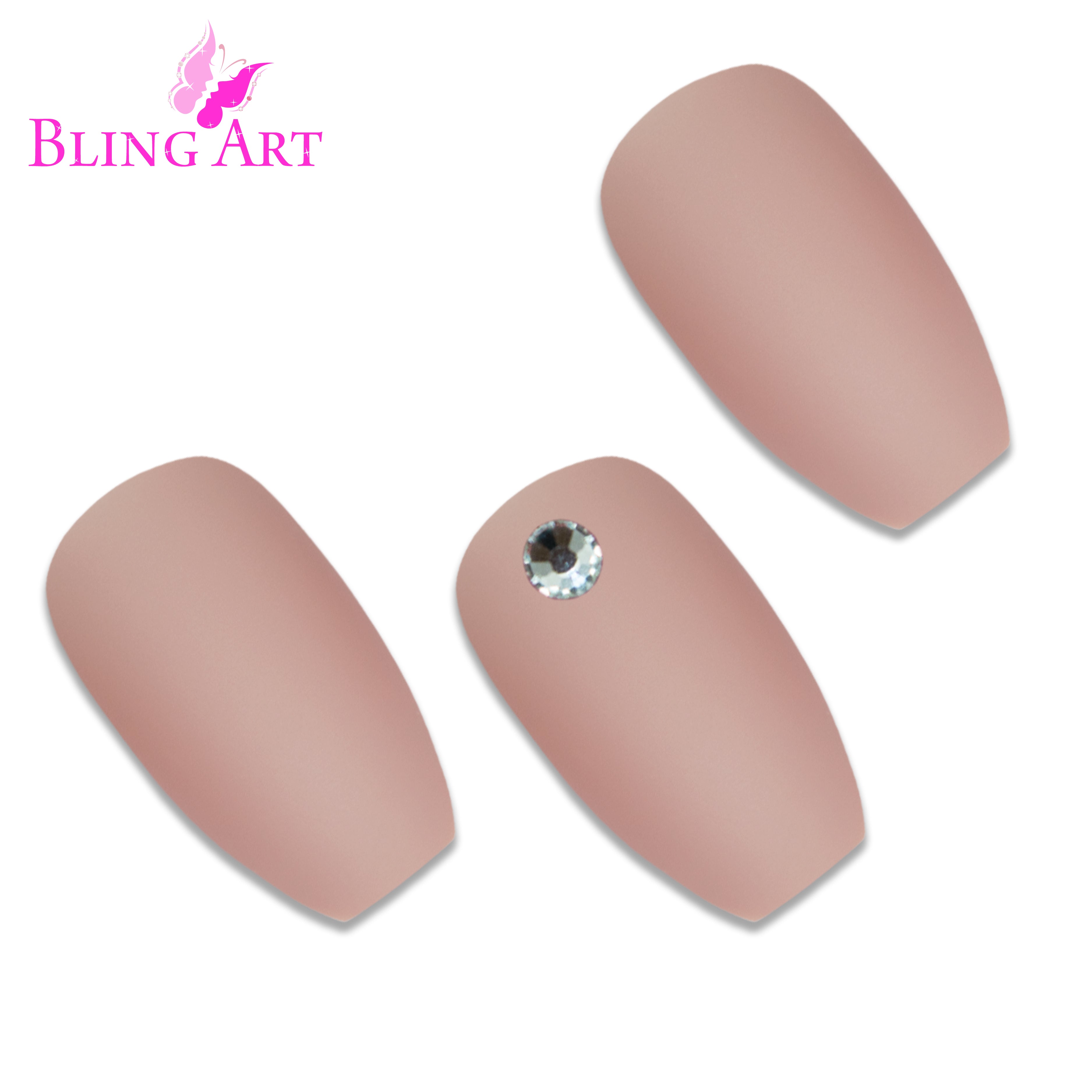 Beige matte ballerina coffin Bling Art press-on nails — lifestyle context shot showing the understated warm-beige matte finish.