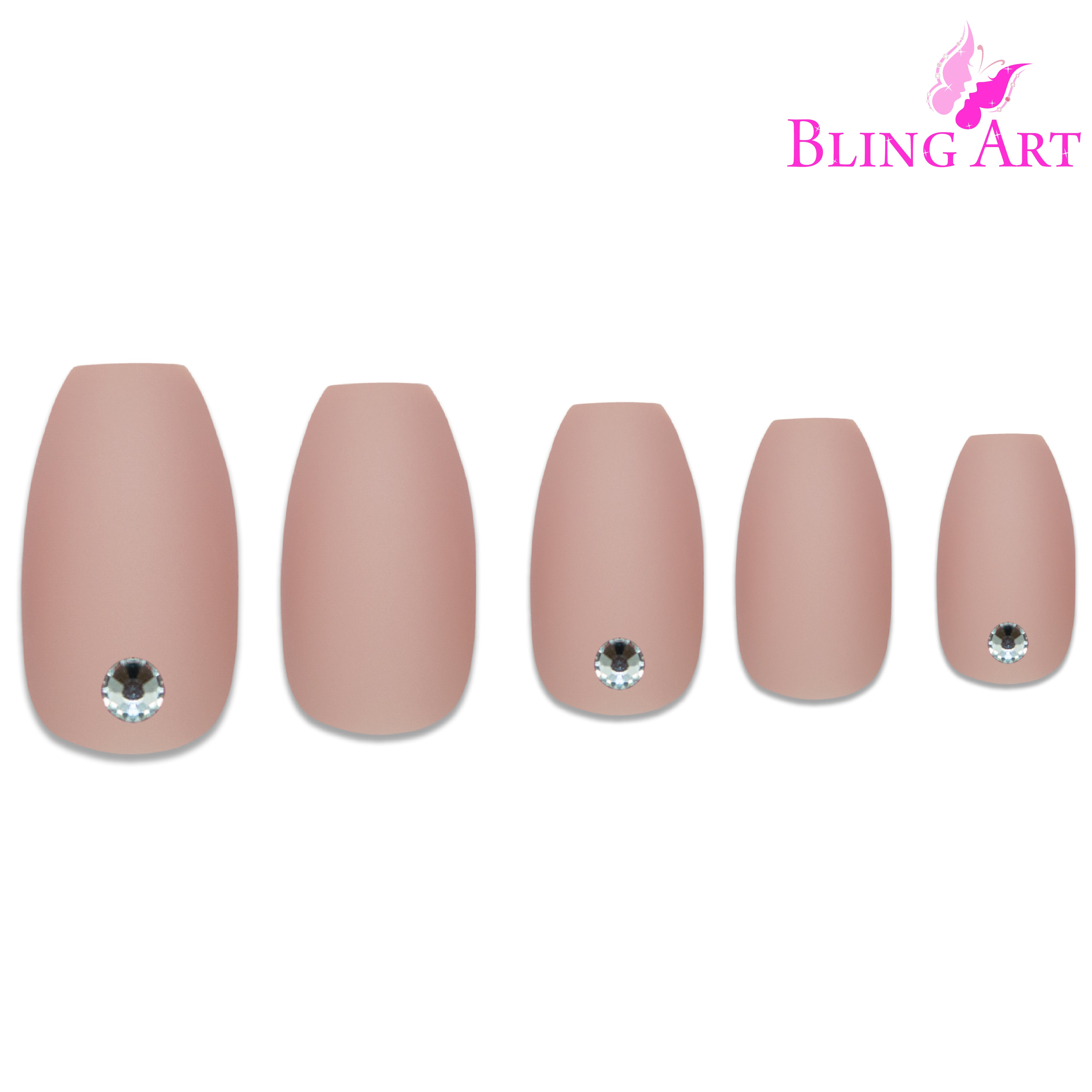 Beige matte ballerina coffin Bling Art press-on nails — full-hand reveal showing all 24 nails for office and everyday wear.
