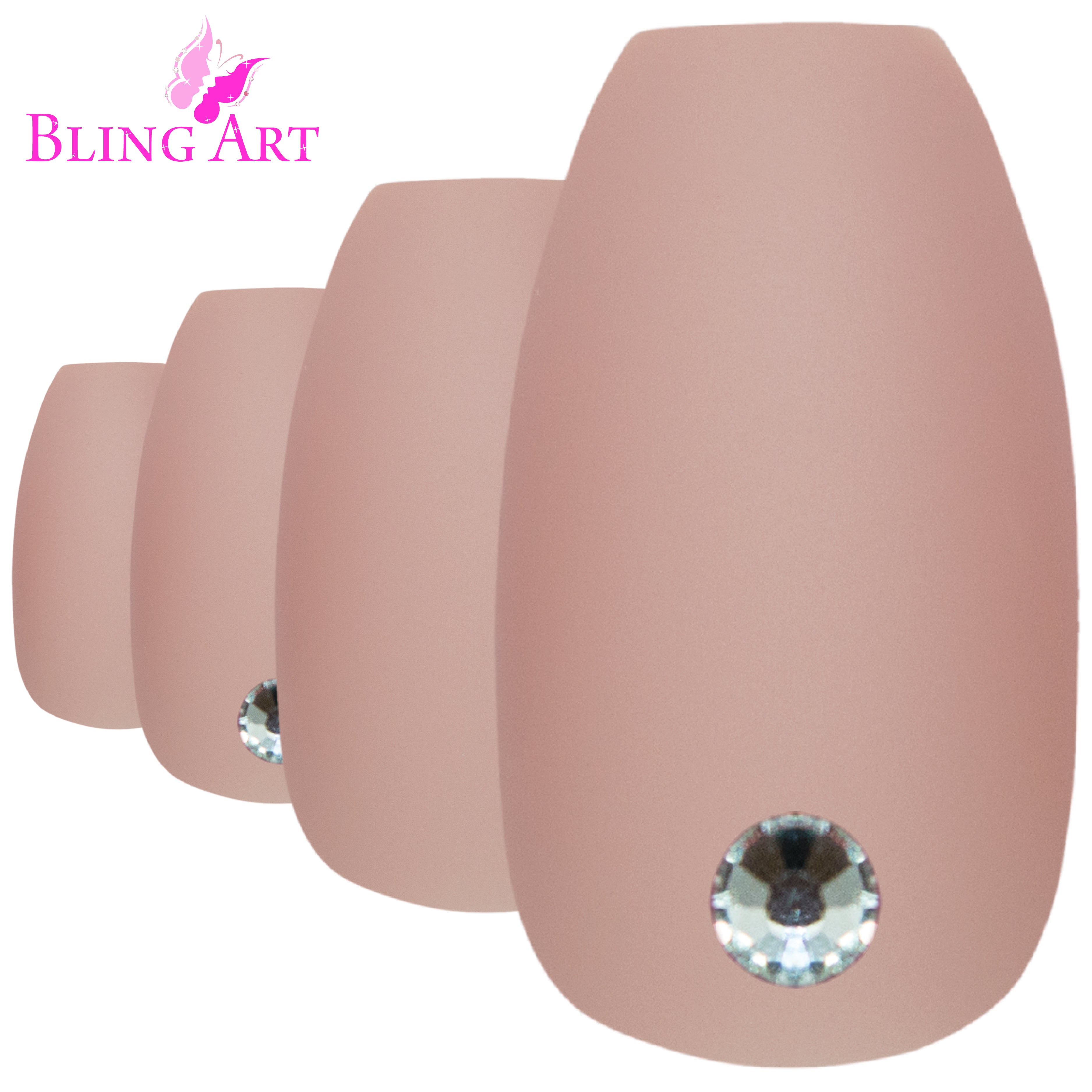 Beige matte ballerina coffin Bling Art press-on nails — worn-hand close-up showing the warm-beige velvet matte on long ballerina coffin tips.