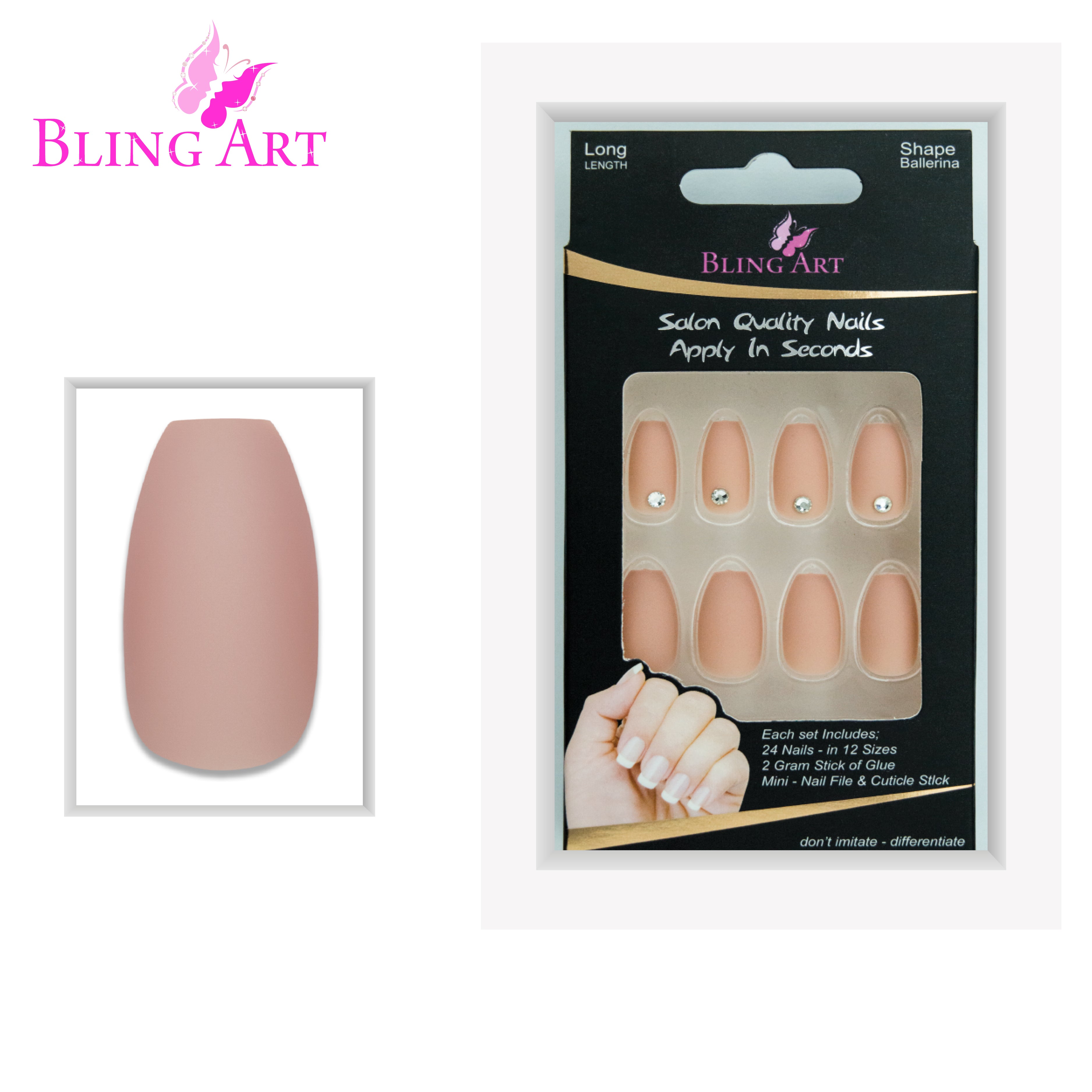 Beige matte ballerina coffin Bling Art press-on nails — alternative angle revealing the bond line on the long ballerina coffin shape.