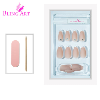 Beige matte ballerina coffin long press-on false nails by Bling Art — warm beige velvet matte for understated office and everyday elegance. 24 nails, 12 sizes XS-XXL, no UV lamp. Designed in Yorkshire UK. Ballerina = Coffin (same shape).