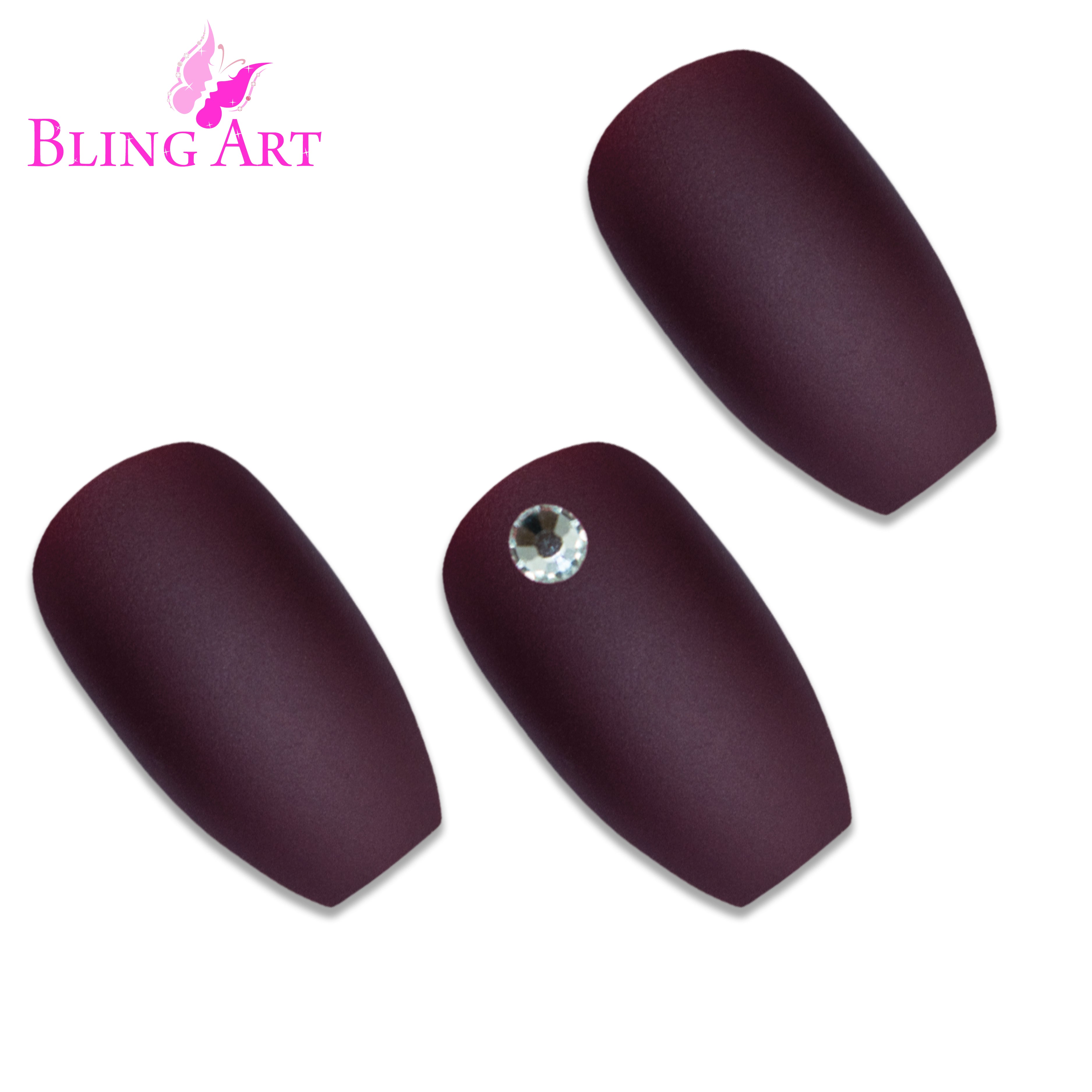Brown matte ballerina coffin Bling Art press-on nails — worn-hand close-up showing the chocolate-brown velvet matte on long ballerina coffin tips. Ballerina = Coffin (same shape).