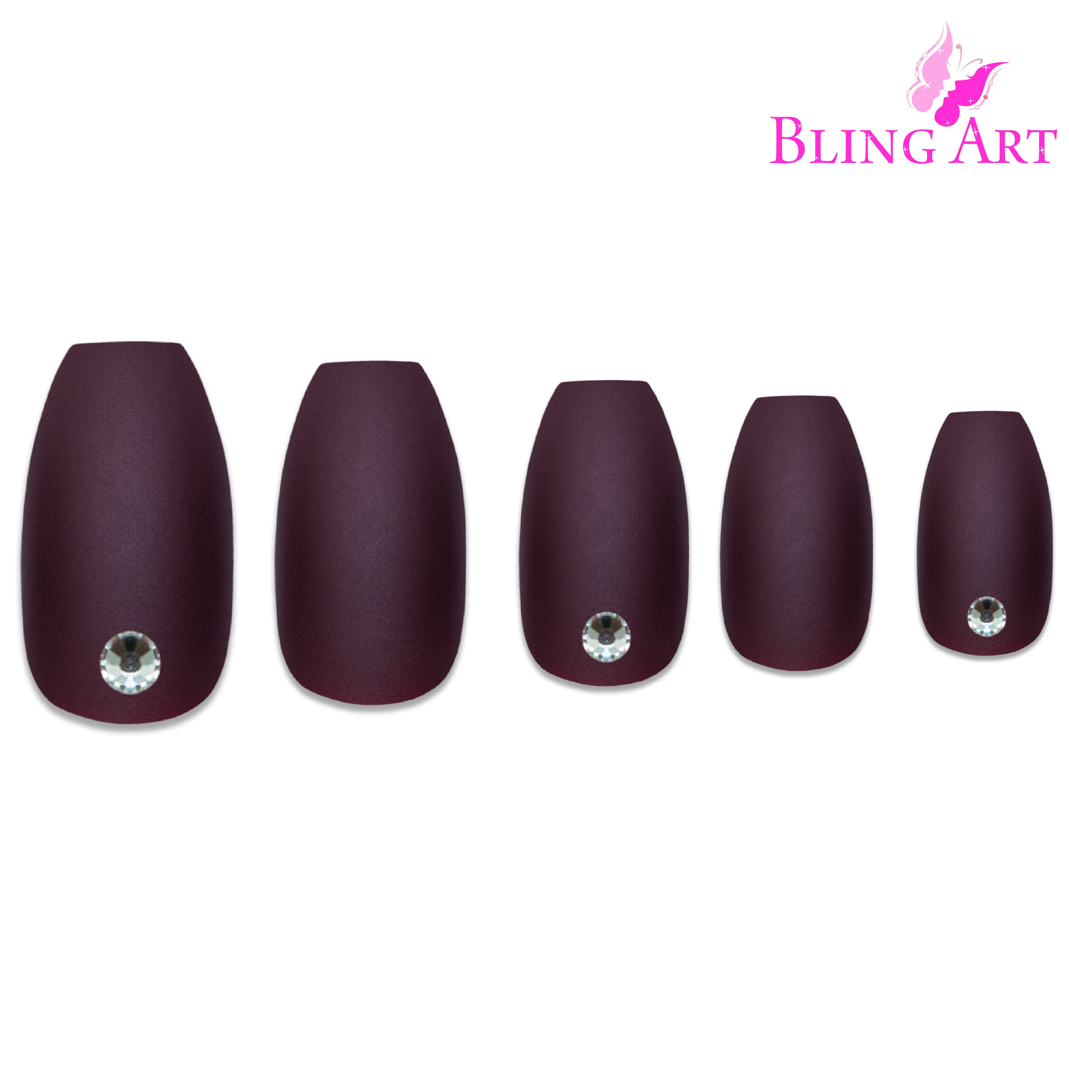 Brown matte ballerina coffin Bling Art press-on nails — alternative angle revealing the bond line on the long ballerina coffin shape.