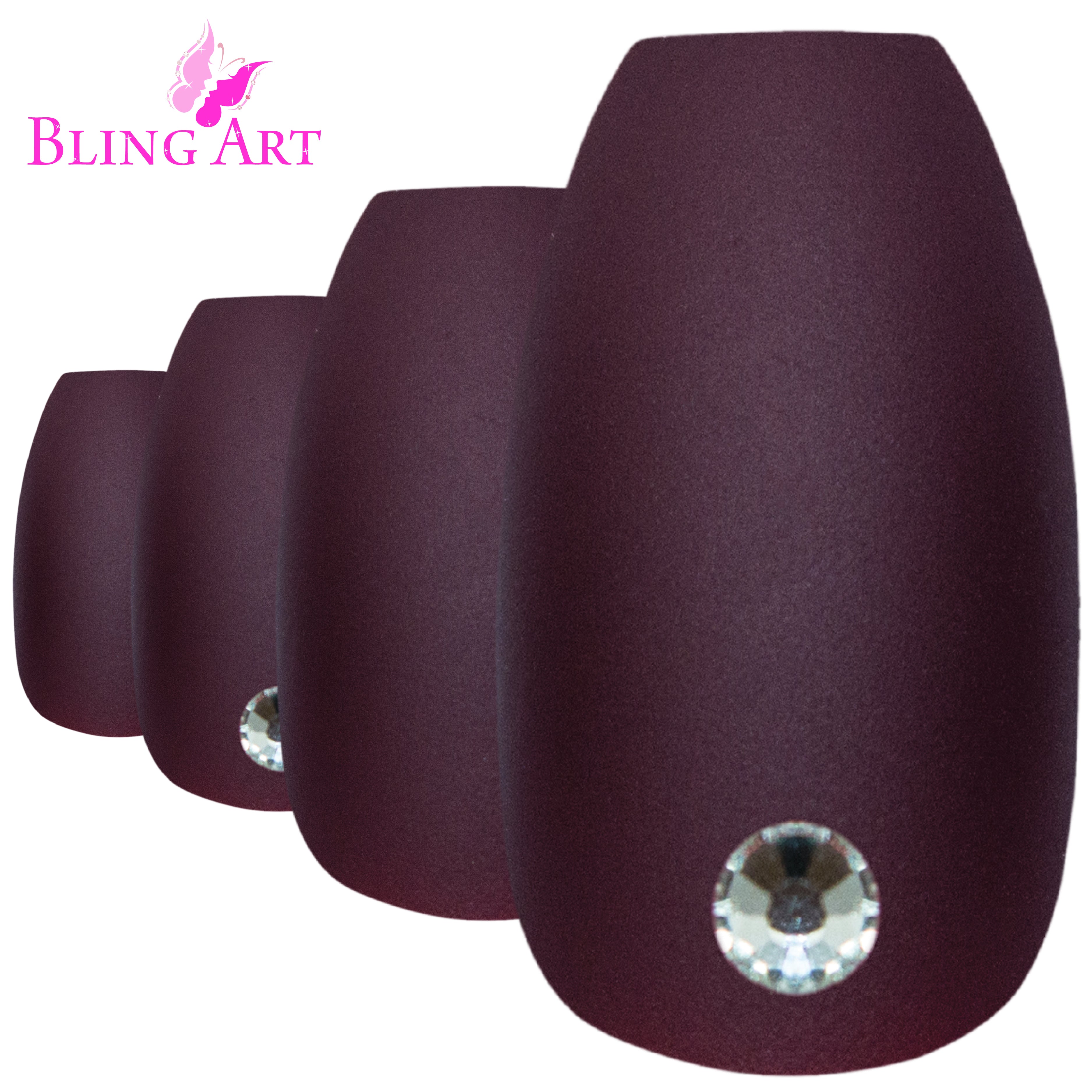 Bling Art Brown matte ballerina coffin press-on nail set packaging — 24 nails, 12 sizes XS-XXL, file and cuticle stick included. Glue not included.